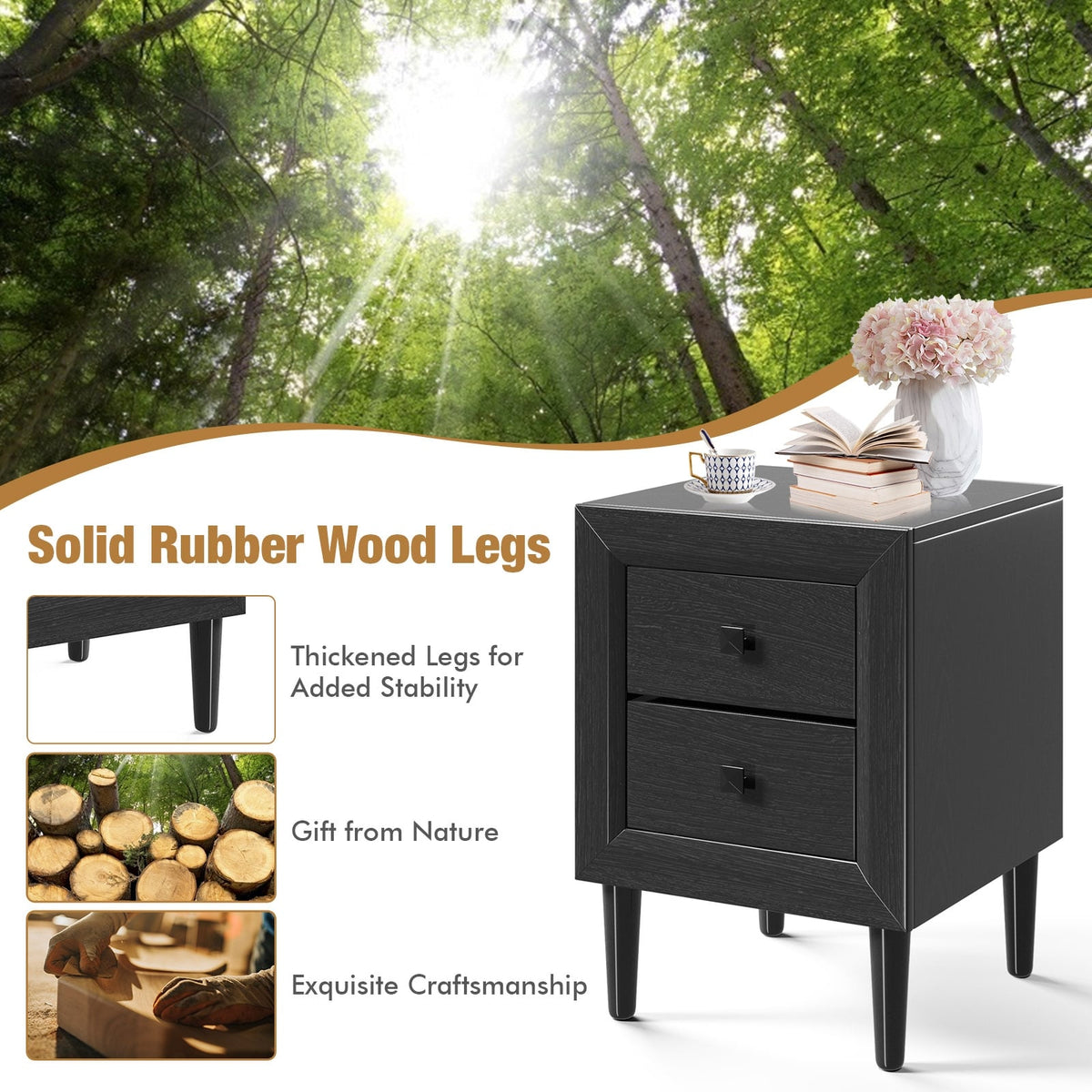 Multipurpose Retro Bedside Nightstand/ End Table with 2 Drawers-Black-Nightstands-DECOROLALA