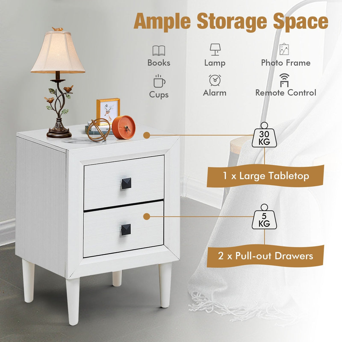 Multipurpose Retro Bedside Nightstand/ End Table with 2 Drawers-White-Nightstands-DECOROLALA