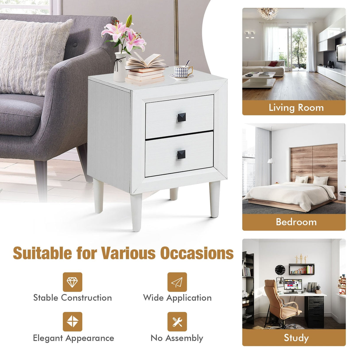 Multipurpose Retro Bedside Nightstand/ End Table with 2 Drawers-White-Nightstands-DECOROLALA