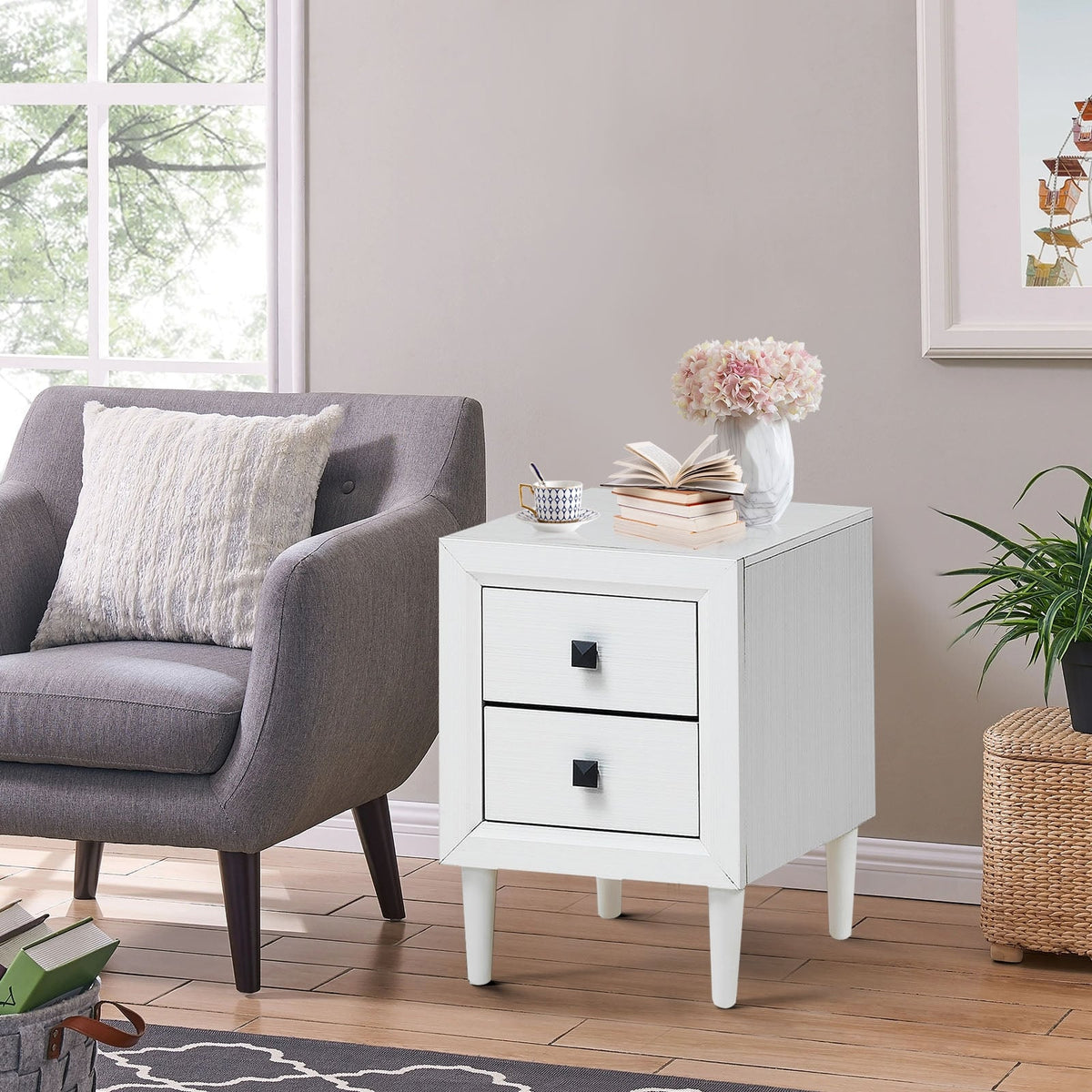 Multipurpose Retro Bedside Nightstand/ End Table with 2 Drawers-White-Nightstands-DECOROLALA