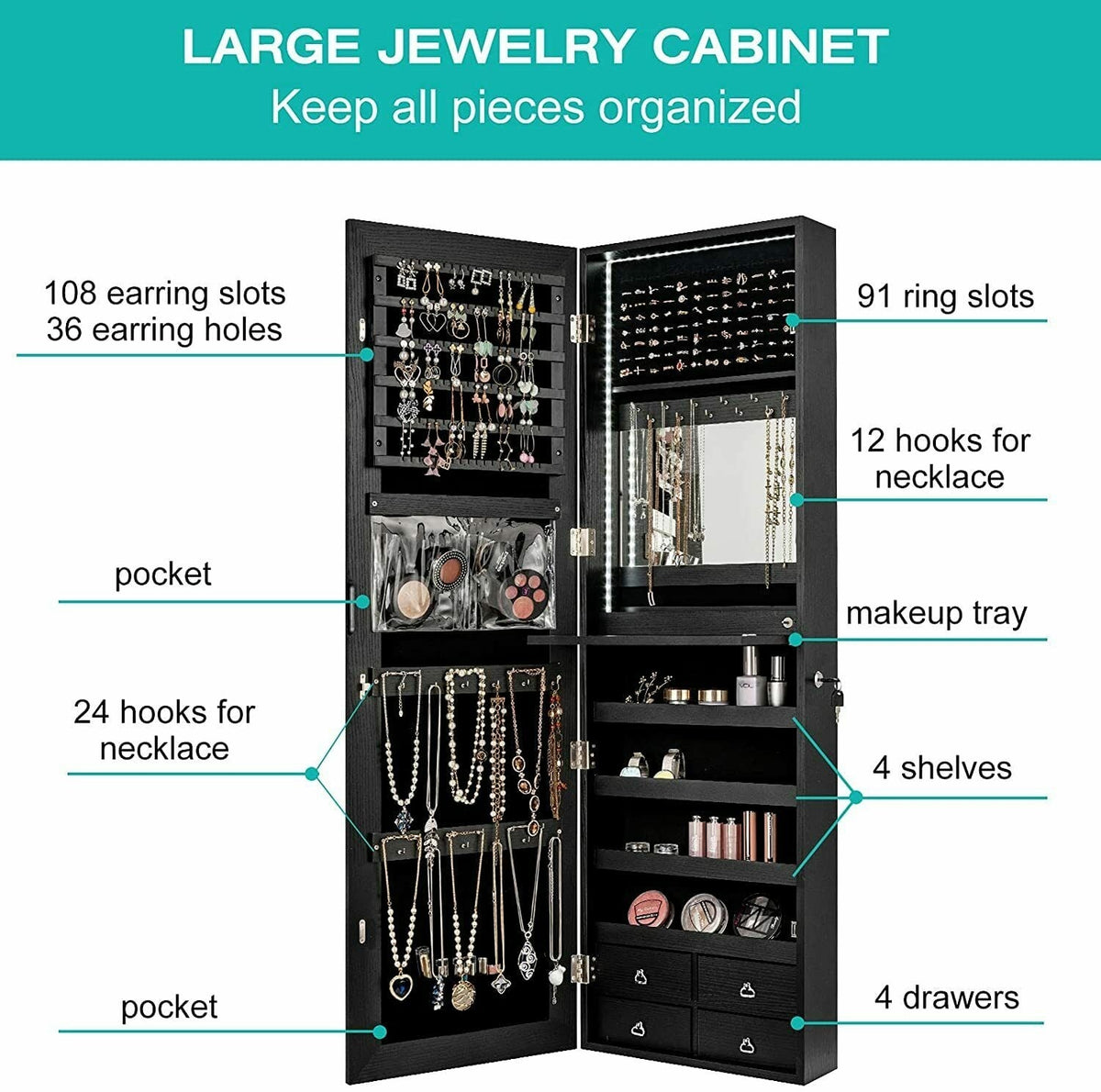 Multipurpose Storage Cabinet with 4 Drawers-Black-Jewelry Armoires-DECOROLALA