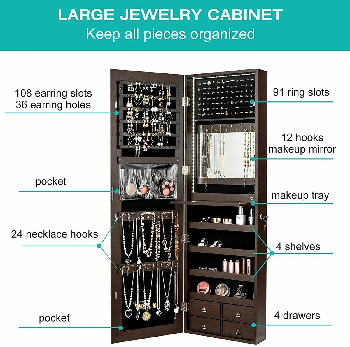 Multipurpose Storage Cabinet with 4 Drawers-Brown-Jewelry Armoires-DECOROLALA