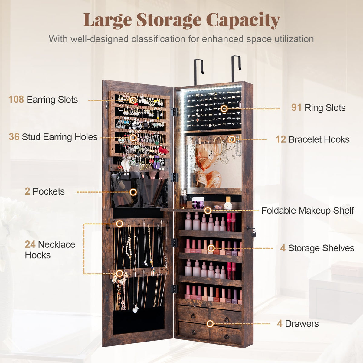 Multipurpose Storage Cabinet with 4 Drawers-Rustic Brown-Jewelry Armoires-DECOROLALA