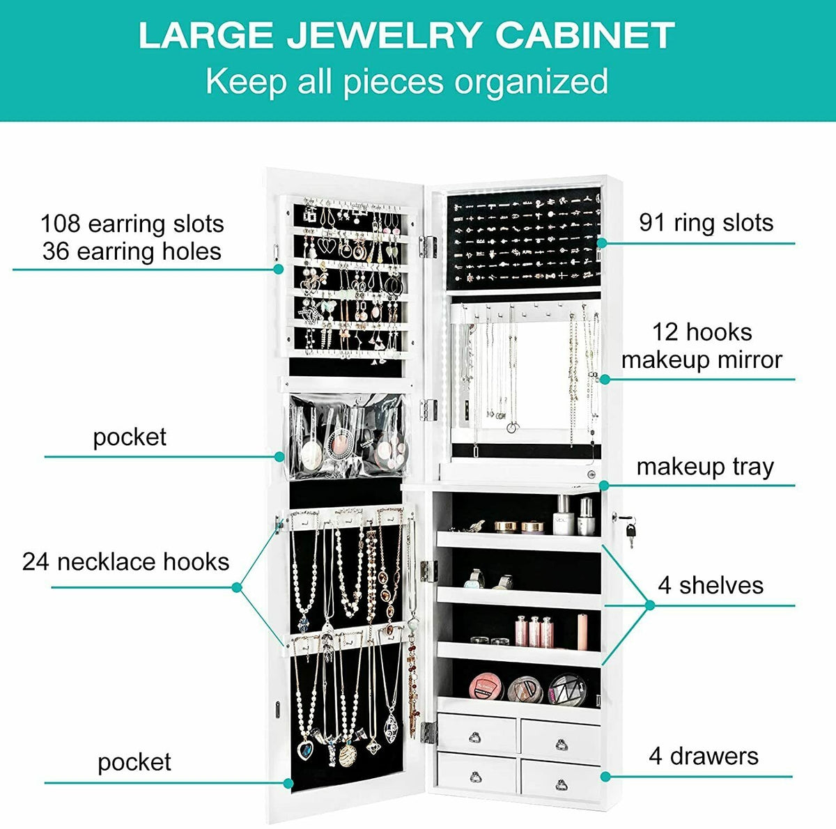 Multipurpose Storage Cabinet with 4 Drawers-White-Jewelry Armoires-DECOROLALA