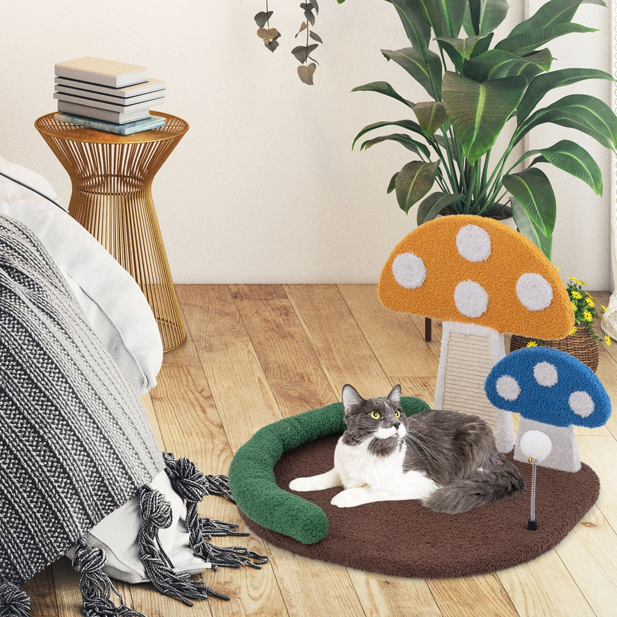 Mushroom Cat Bed Cat Claw Scratcher with Wide Bed and Sisal Scratch Panel-Multicolor-Cat Houses-DECOROLALA