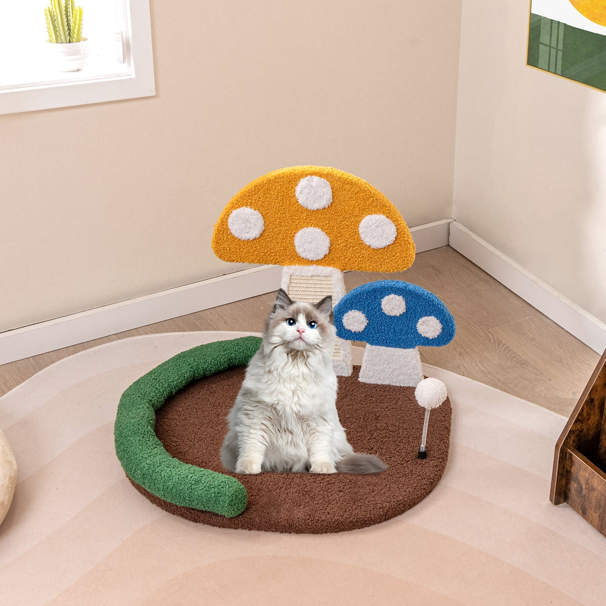 Mushroom Cat Bed Cat Claw Scratcher with Wide Bed and Sisal Scratch Panel-Multicolor-Cat Houses-DECOROLALA