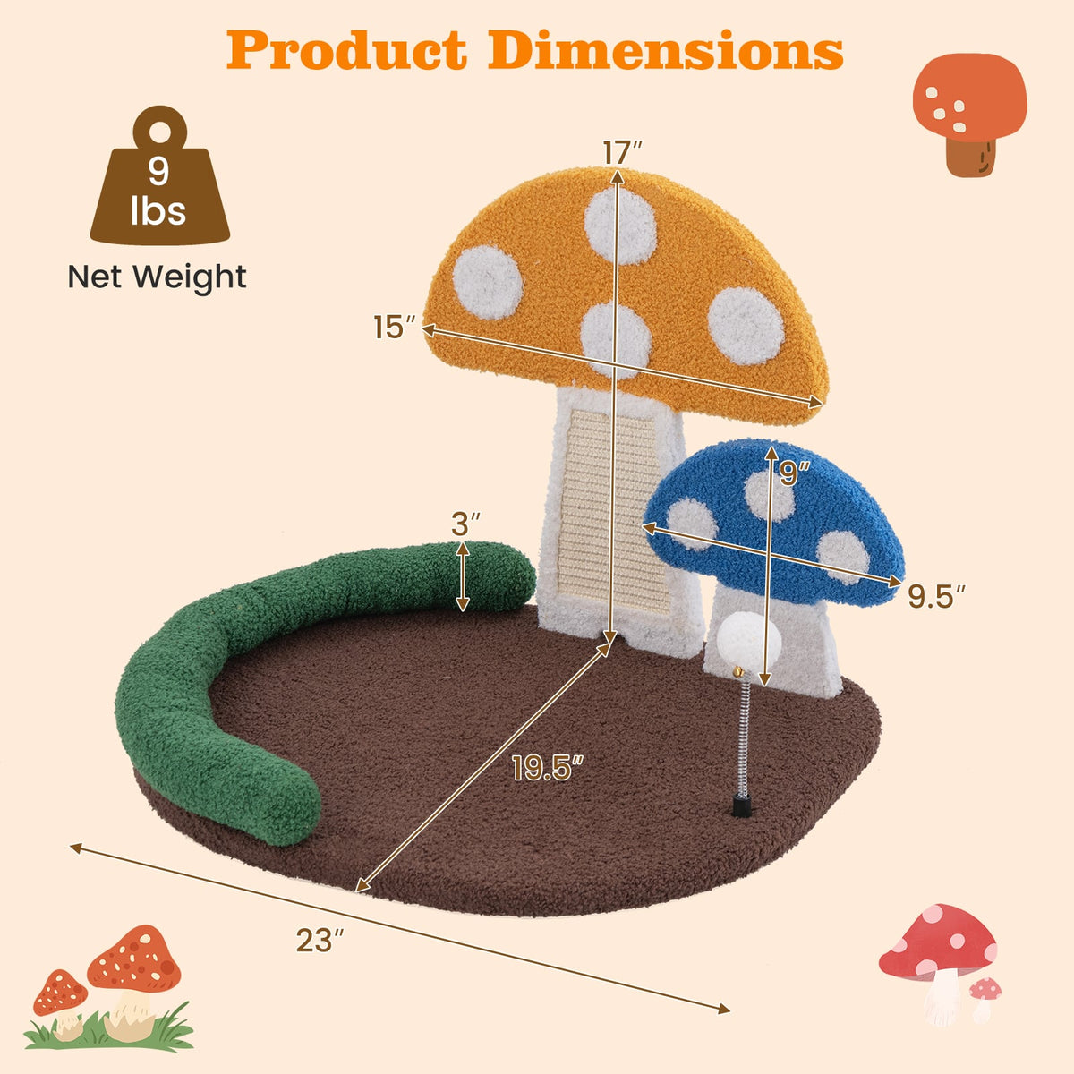 Mushroom Cat Bed Cat Claw Scratcher with Wide Bed and Sisal Scratch Panel-Multicolor-Cat Houses-DECOROLALA