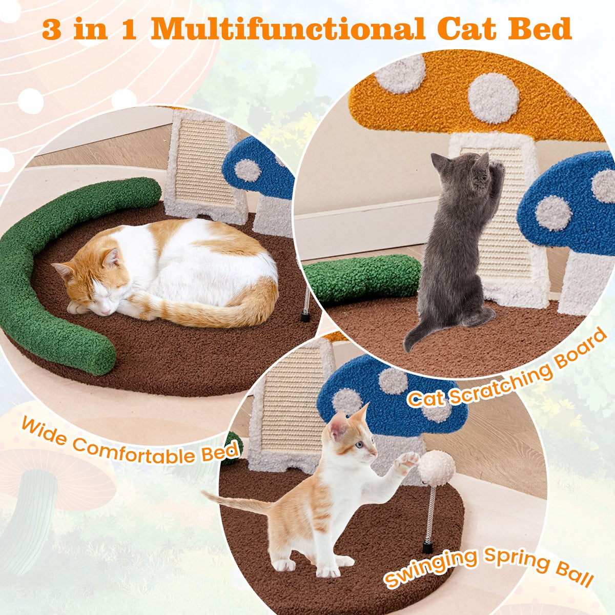 Mushroom Cat Bed Cat Claw Scratcher with Wide Bed and Sisal Scratch Panel-Multicolor-Cat Houses-DECOROLALA