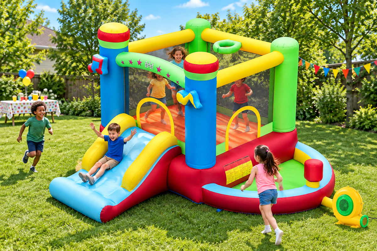Music-Themed Inflatable Bounce House with Slide and 550W Blower-Inflatable Bounce Houses-DECOROLALA