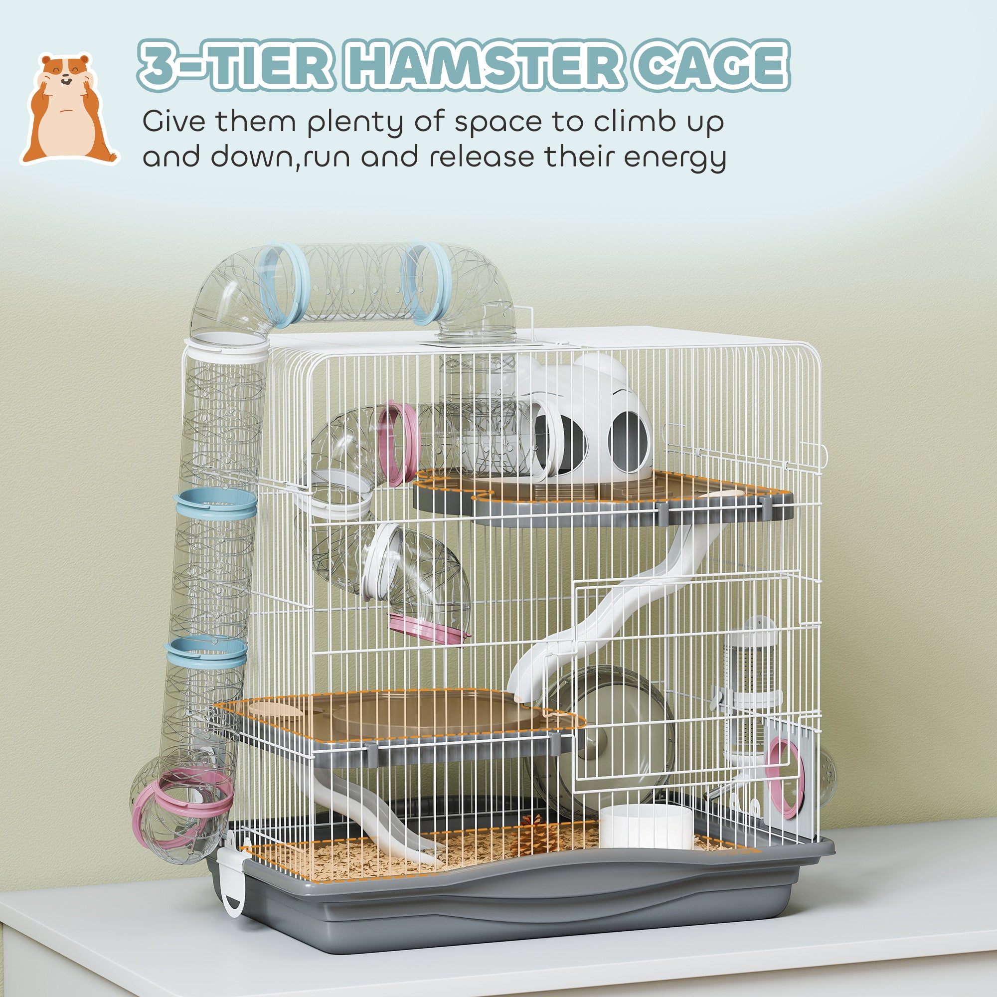3-Tier Hamster Cage, Portable Gerbil Cage with Exercise Wheels, Water Bottle, Food Dish, for Dwarf Hamsters, Mouse, Grey