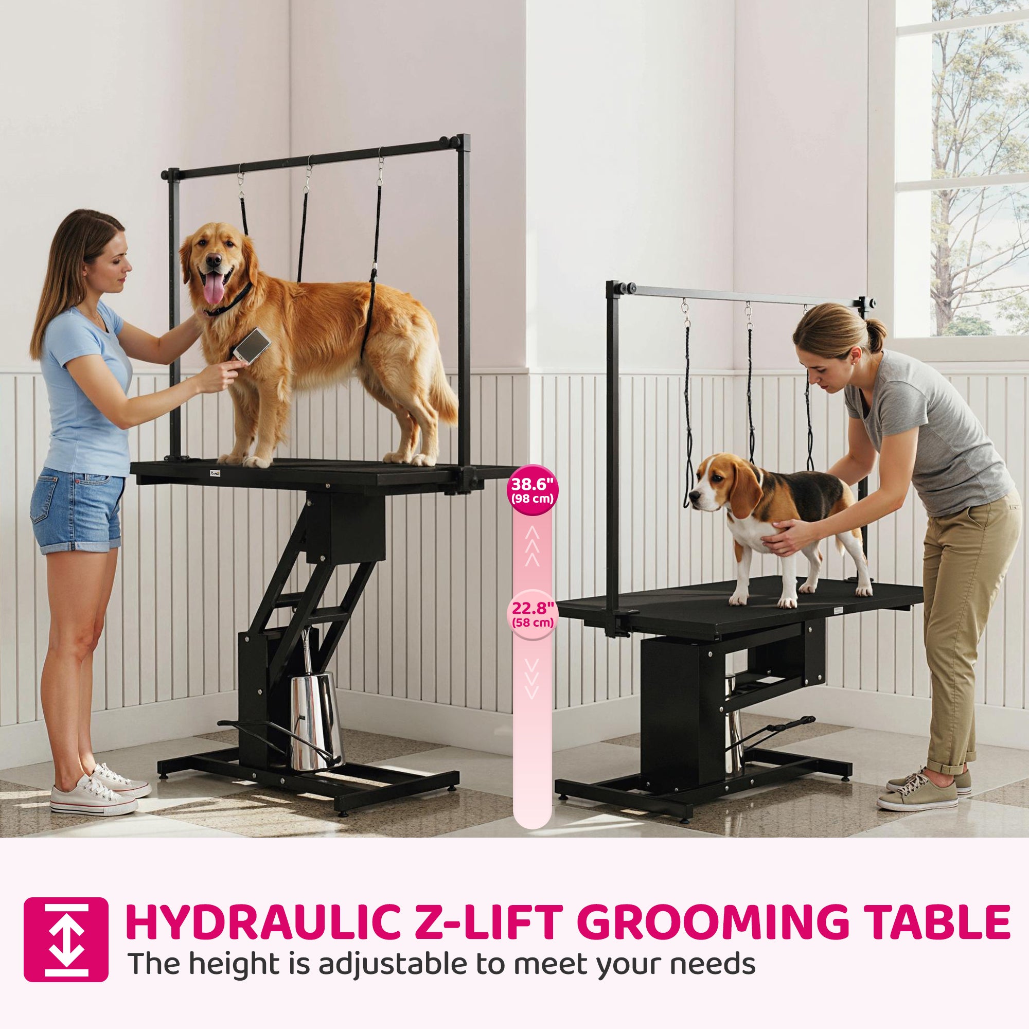 43" L Hydraulic Dog Grooming Table, Z-Lift Height Adjustable Pet Grooming Table with Noose and Non-Slip Tabletop