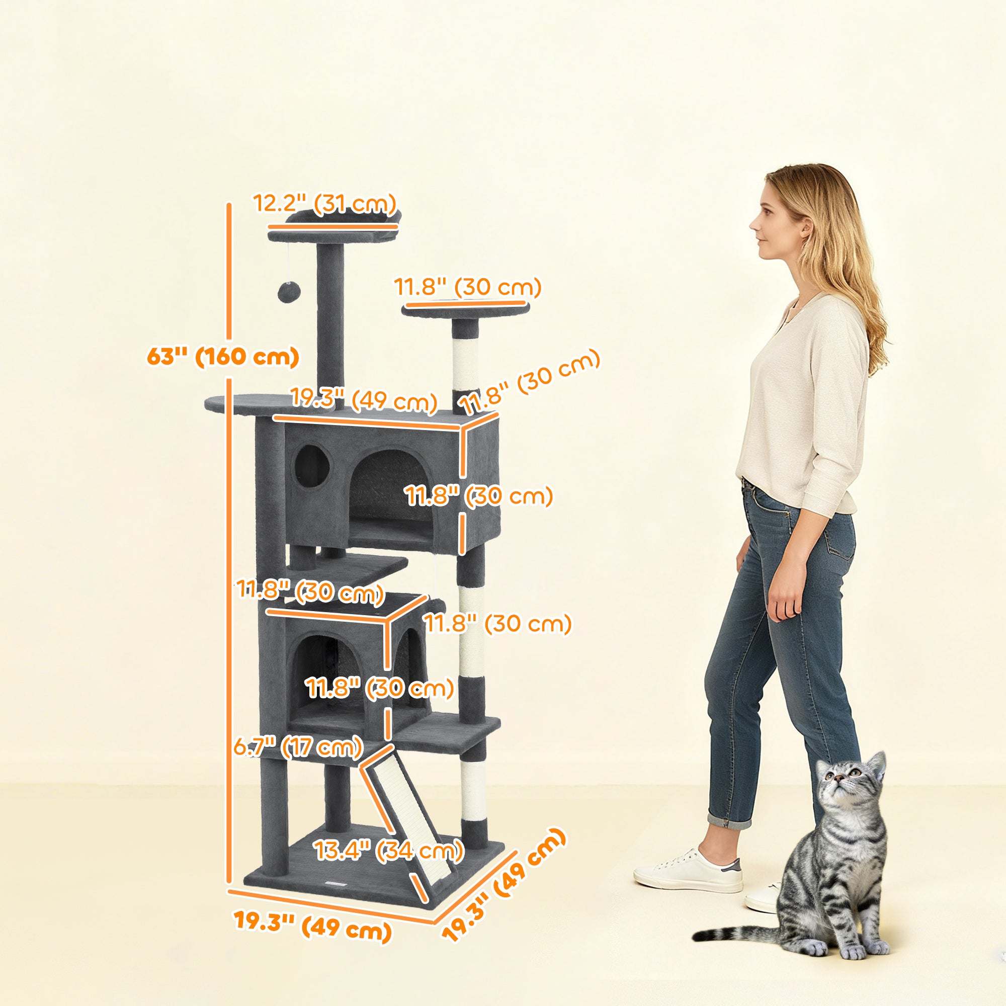 63" Cat Tree, Multi-Level Cat Tower with Scratching Posts, Cat Condos, Bed, Platforms, Ramp, Toy Ball, Dark Grey