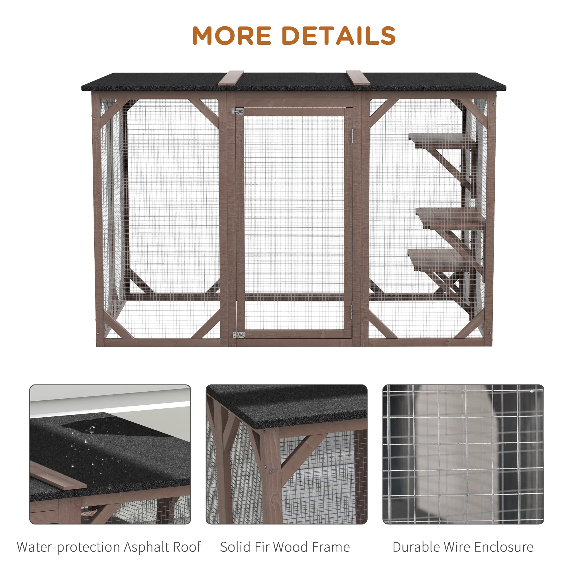 71"L Catio Outdoor Cat Enclosure, Indoor Cat Cage, Pet House, Small Animal Hutch for 1-2 Rabbit, Kitten, Kitty Crate Kennel w/ Waterproof Roof, Multi-Level Platforms, Brown