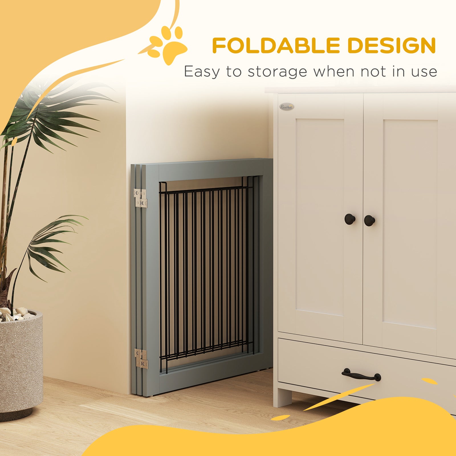 Freestanding Pet Gate, Folding Dog Gate with 2 Support Feet, 24" High, 3 Panels, for Small Dogs, Indoor Use - Grey