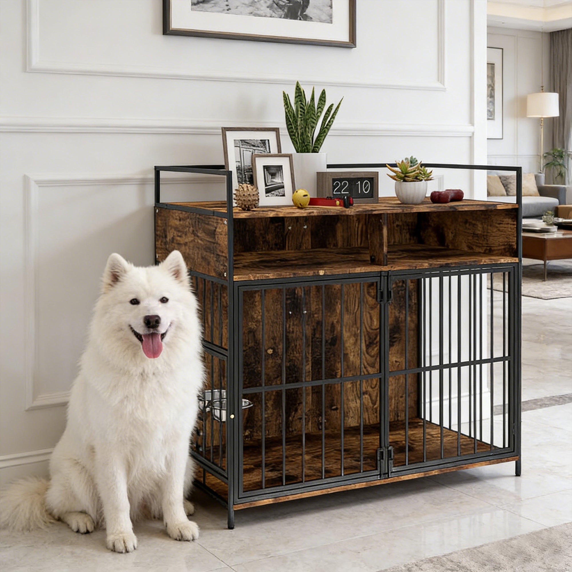 Dog Crate Furniture with Rotating Feeding Station Dog Kennel End Table Storage Shelves, Rustic Brown