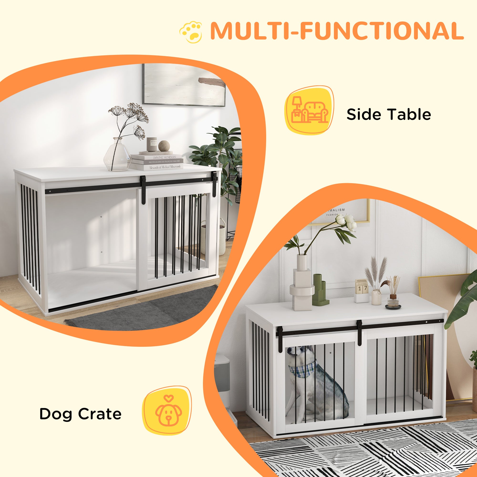 Meuble cage pour chien de 46.5", table d’appoint en bout de cage pour très grands chiens, blanc