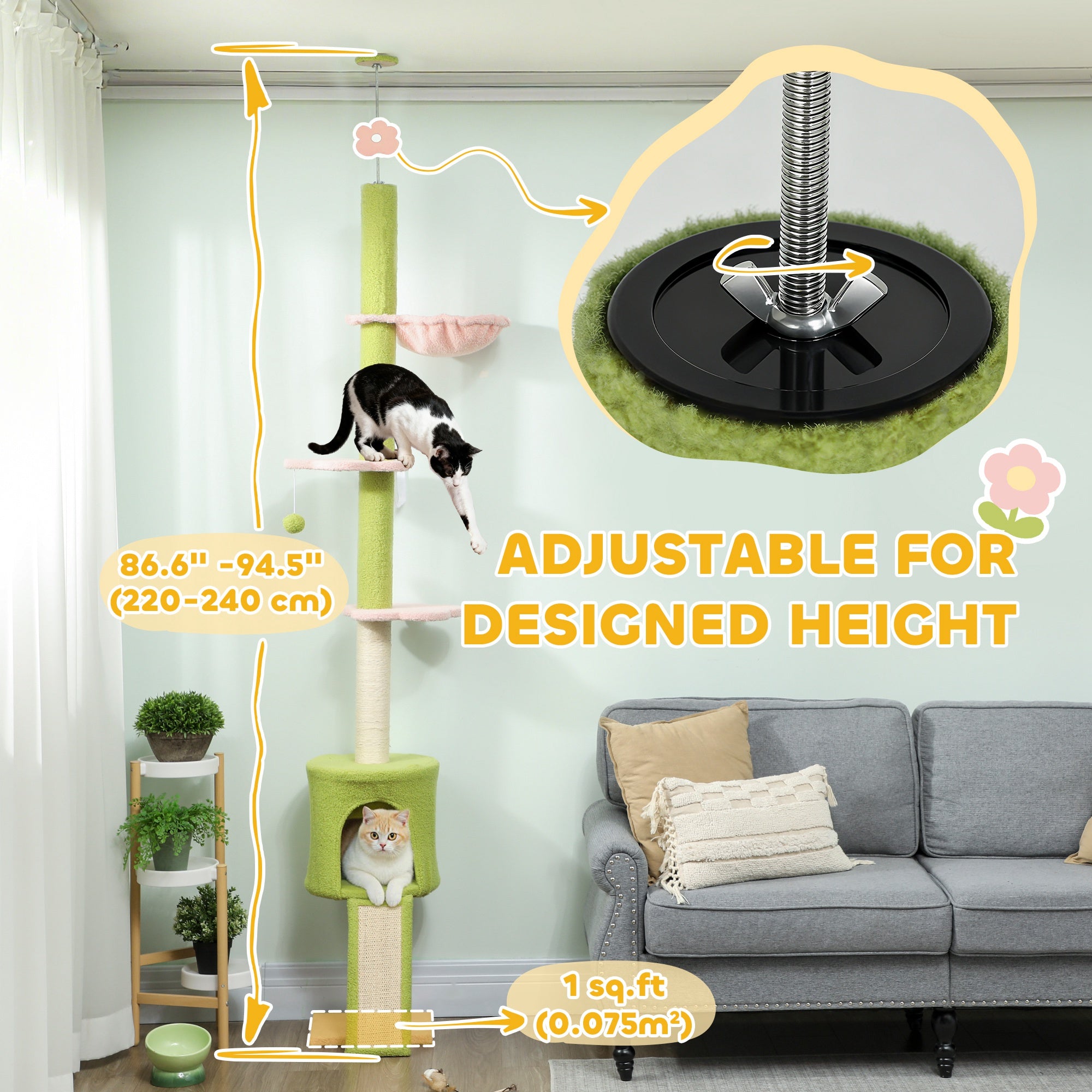 87"-94.5" Floor to Ceiling Cat Tree with Sisal Scratching Post, Condo, Hammock, Ramp, Perches, Green