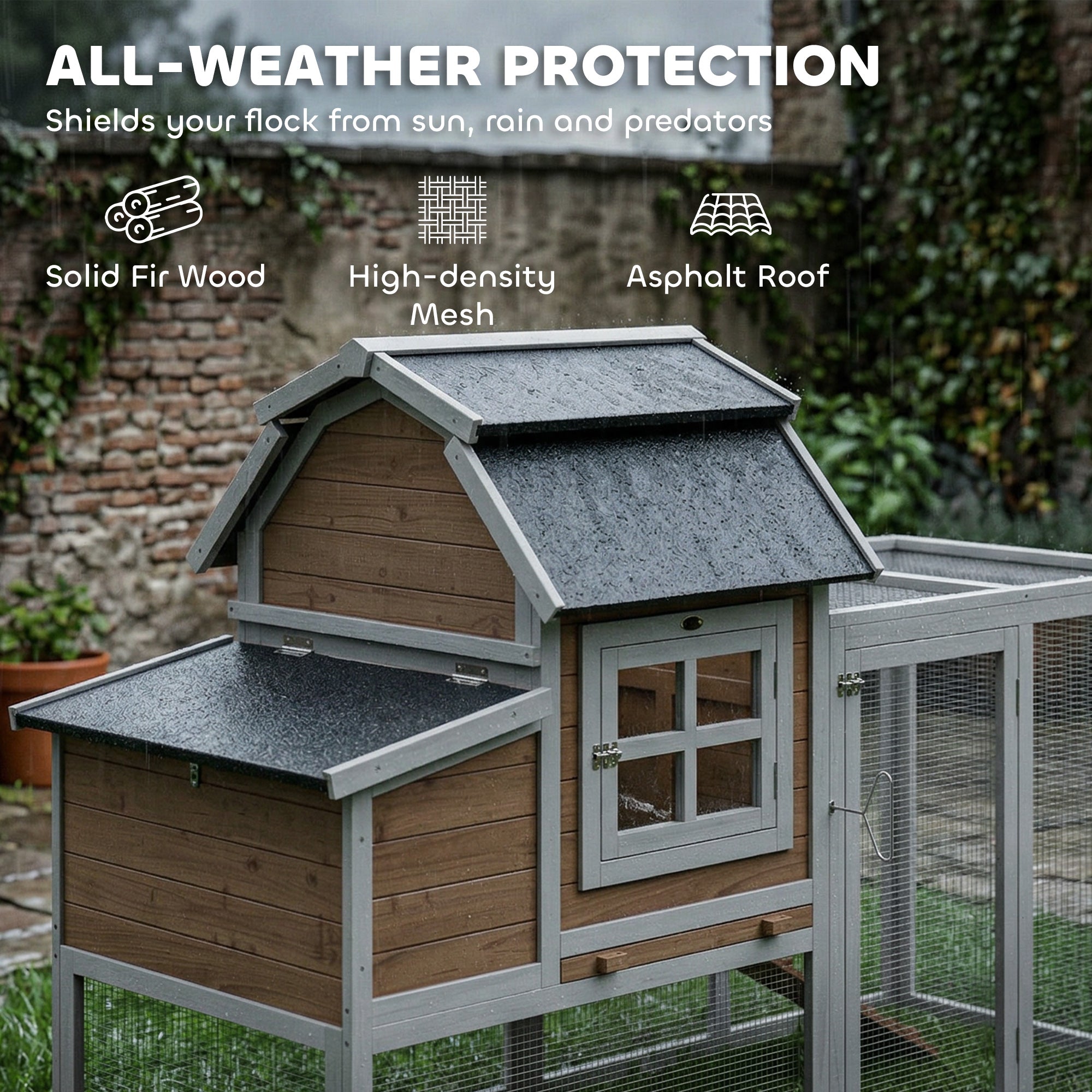 71" Chicken Coop for 3 Chickens, Wooden Hen House with Run, Removable Tray, Nesting Box, Waterproof Asphalt Roof