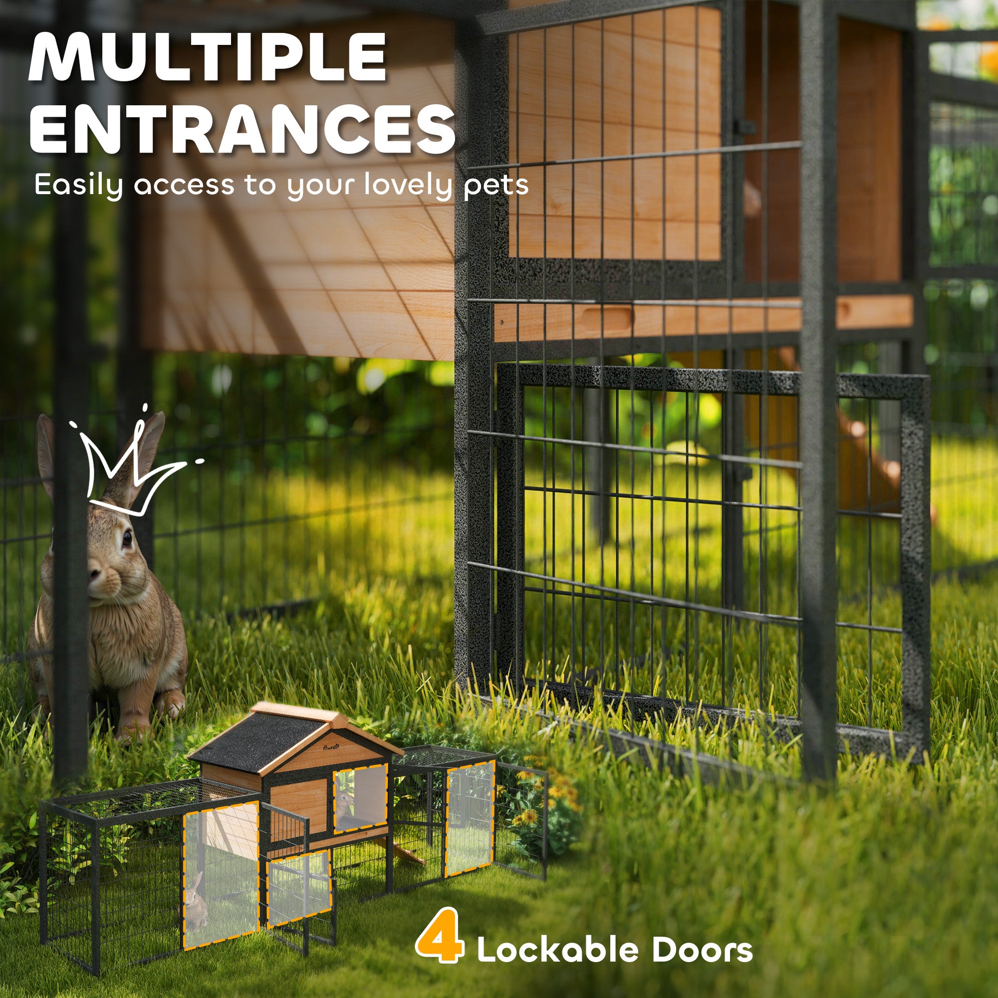 Rabbit Hutch Outdoor, 85"L Large Wooden Bunny Cage with Run Box, Removable Plastic Tray, Asphalt Roof, Ramp, Yellow