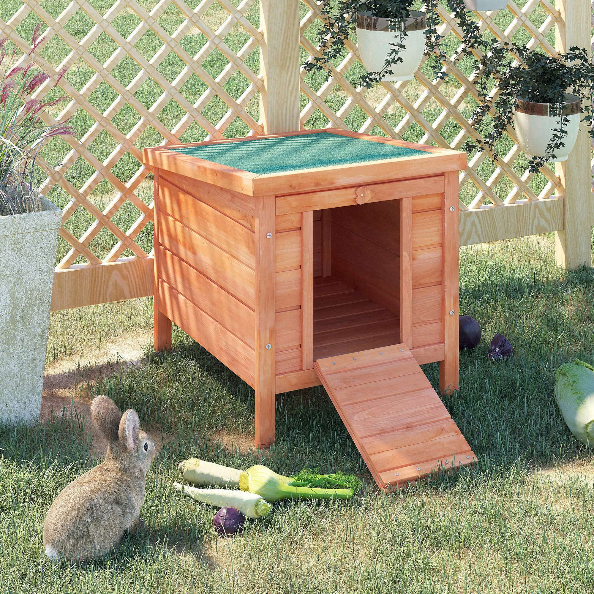 Wooden Rabbit Hutch, Bunny Cage with Waterproof & Openable Asphalt Roof, Outdoor Cat House Guinea Pig Cage Duck Shelter, Indoor Outdoor Use, 20" x 16.5" x 17", Orange