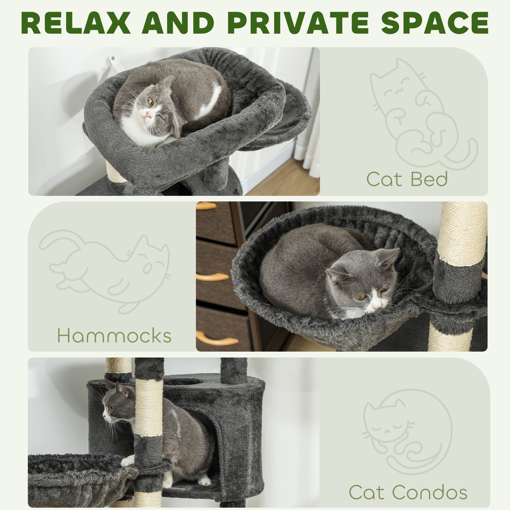 52.5" Cat Tree Tower with Scratching Posts, Cat Condos, Bed, Platforms, Hammocks, for Indoor Cats, Dark Grey