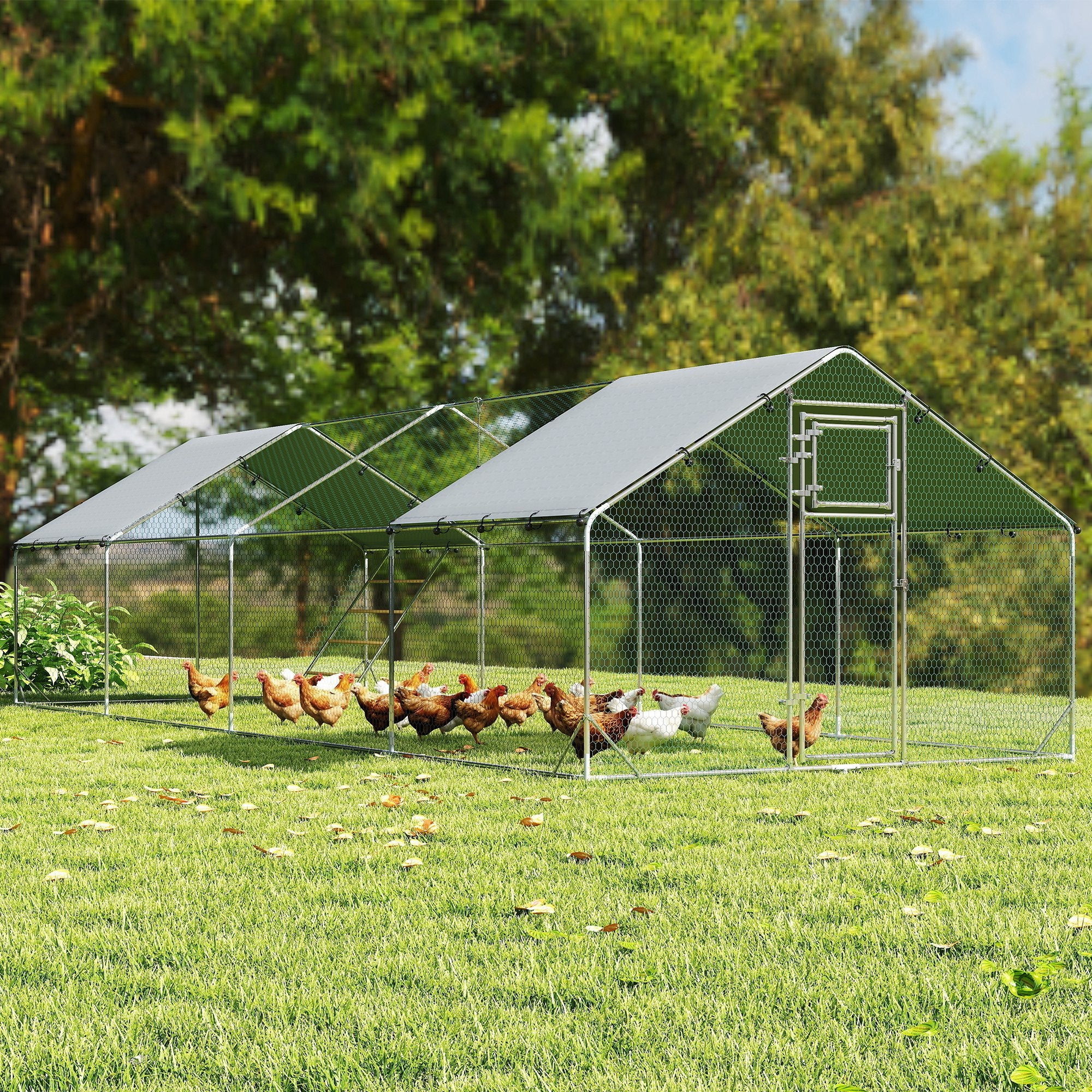 Large Metal Chicken Run with Waterproof & UV-Resistant Cover, Feeding Door, Hanging Feeder, Perch, for 24-30 Chickens