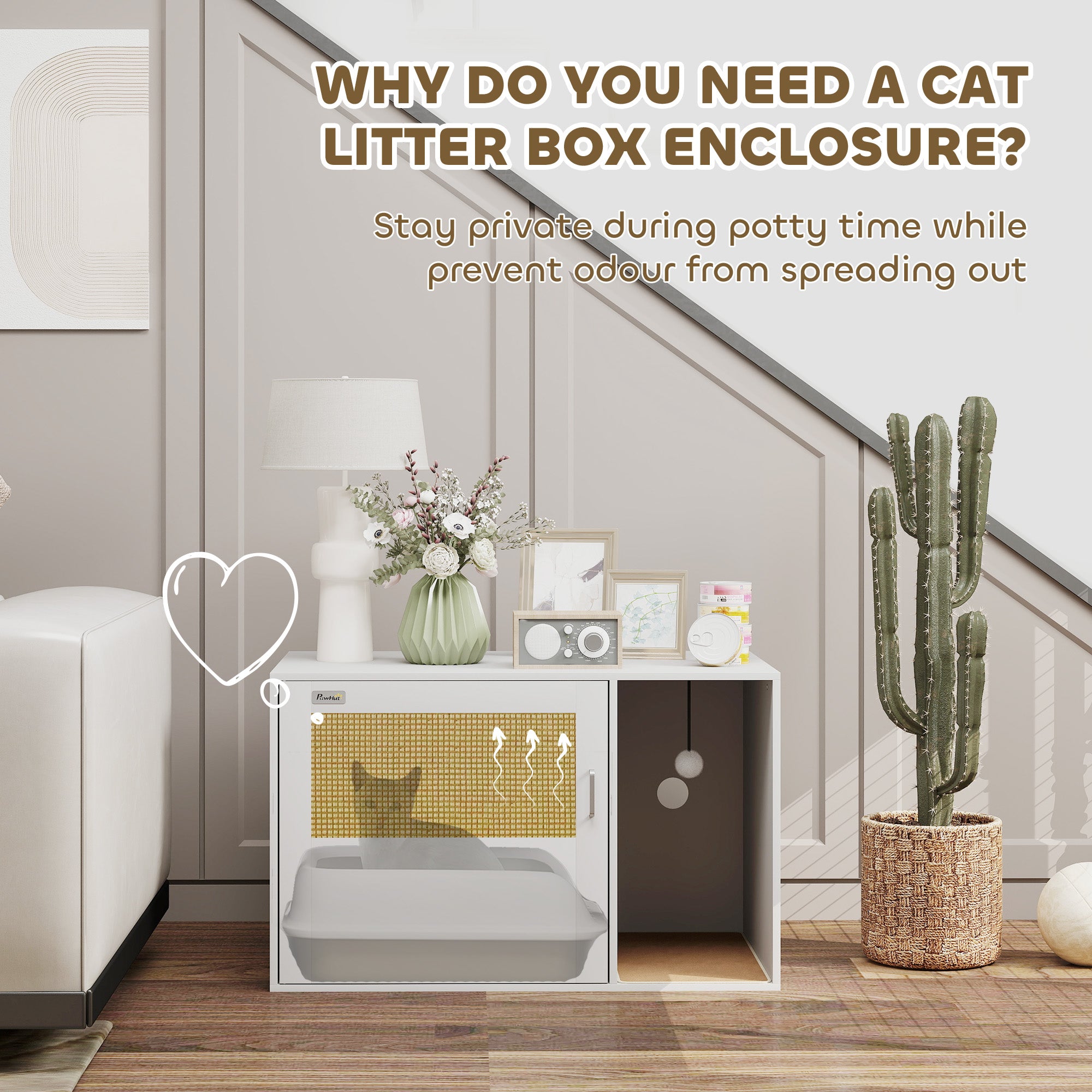 Cat Litter Box Enclosure, Cat Washroom End Side Table with Rattan Door, Scratching Pad, Non-slip Foot Pads, White