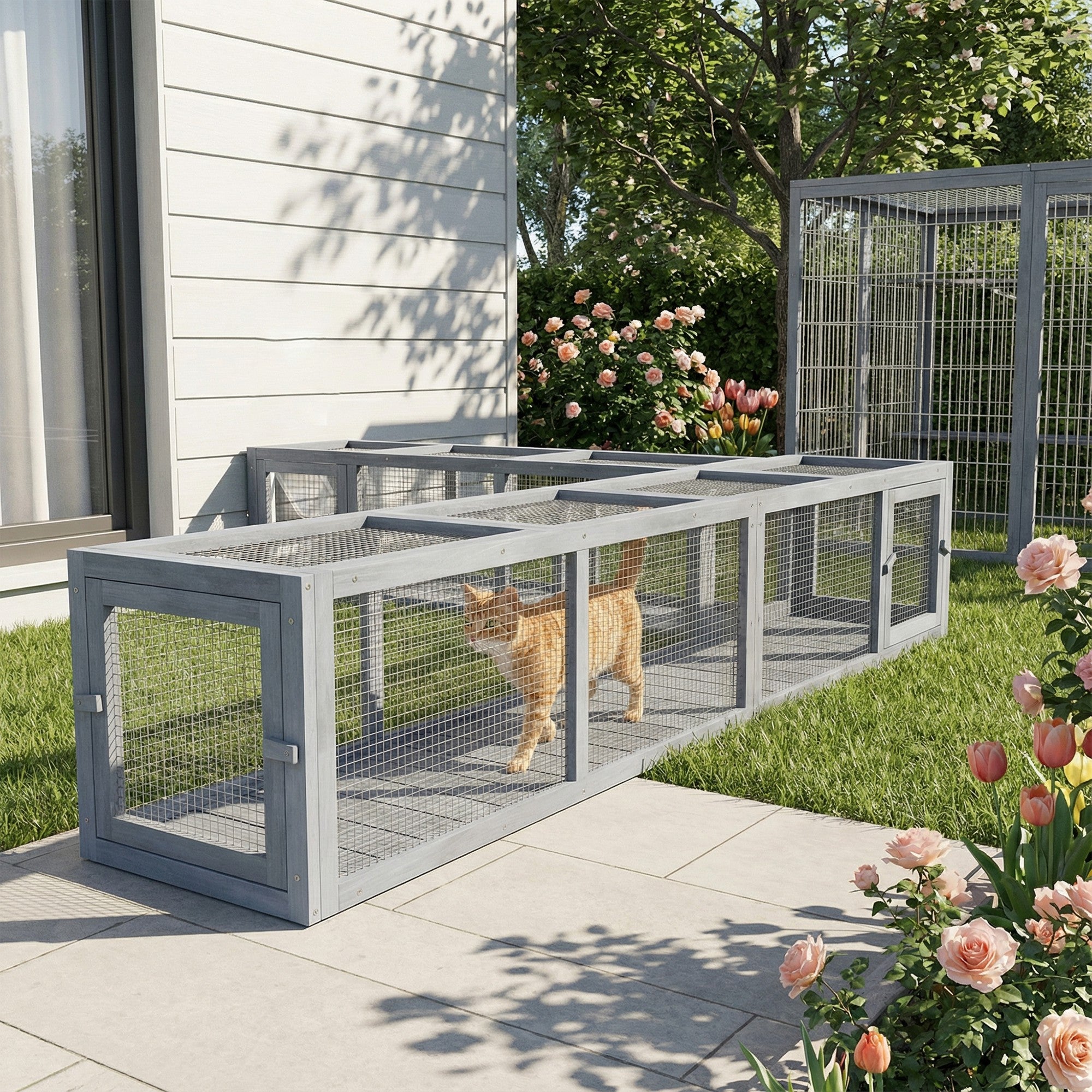79" Long Cat Tunnel, Cat shelter L- Shape with Extendable Design for Indoor/Outdoor Use with Removable Door, Light Grey
