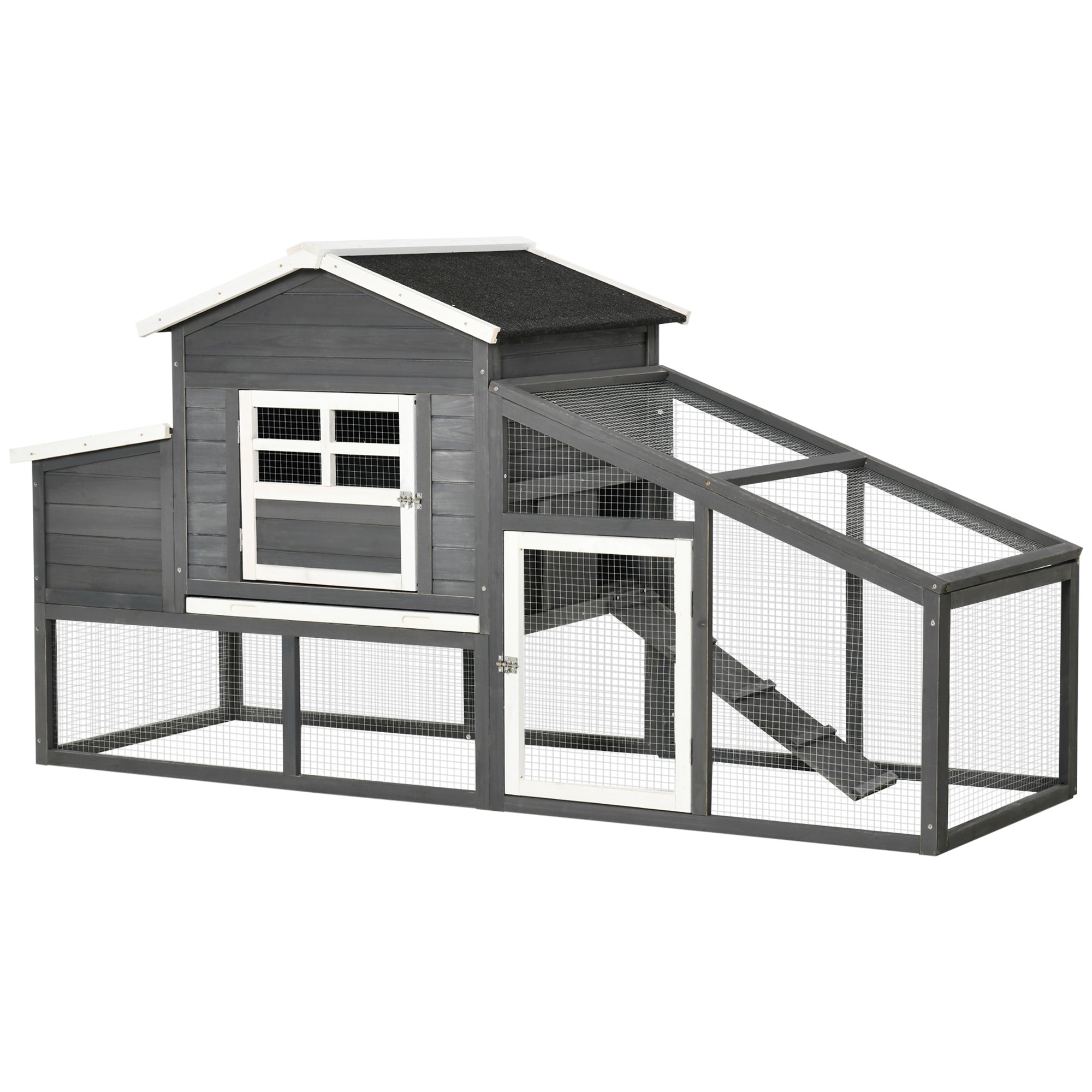 79" Wooden Chicken Coop, Outdoor Hen House, Poultry Habitat with Removable Tray, Nesting Box, Run, Ramp, Grey