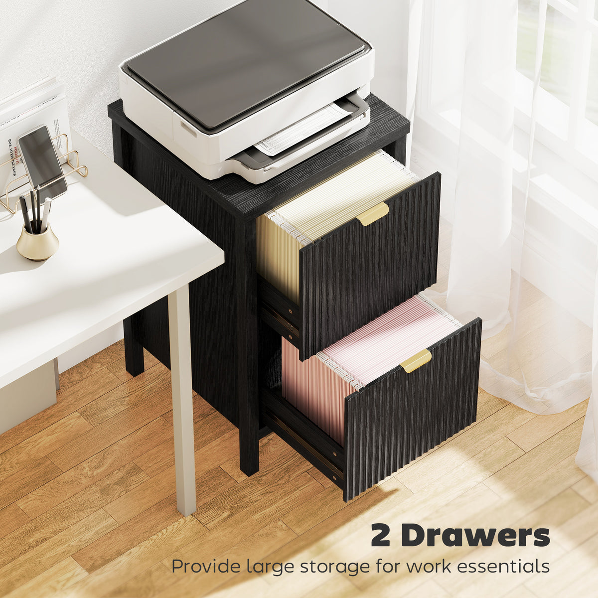 2-Drawer Vertical File Cabinet - Black Modern MDF Office Unit