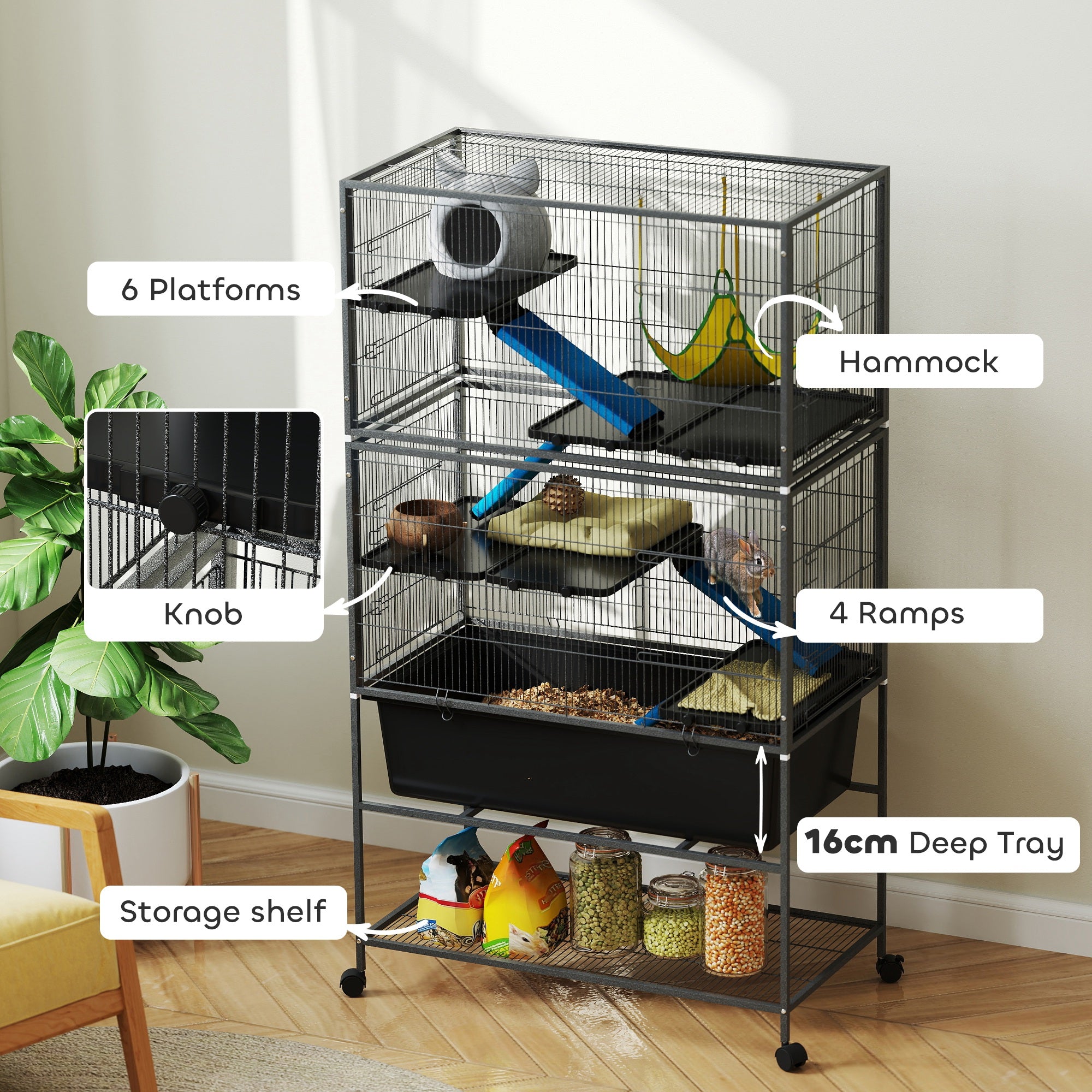 59" 5-Level Small Animal Cage, Rolling Ferret Cage with 6.3" Deep Tray, Non-Slip Cloth Covered Ramps, Hammock, Dark Grey