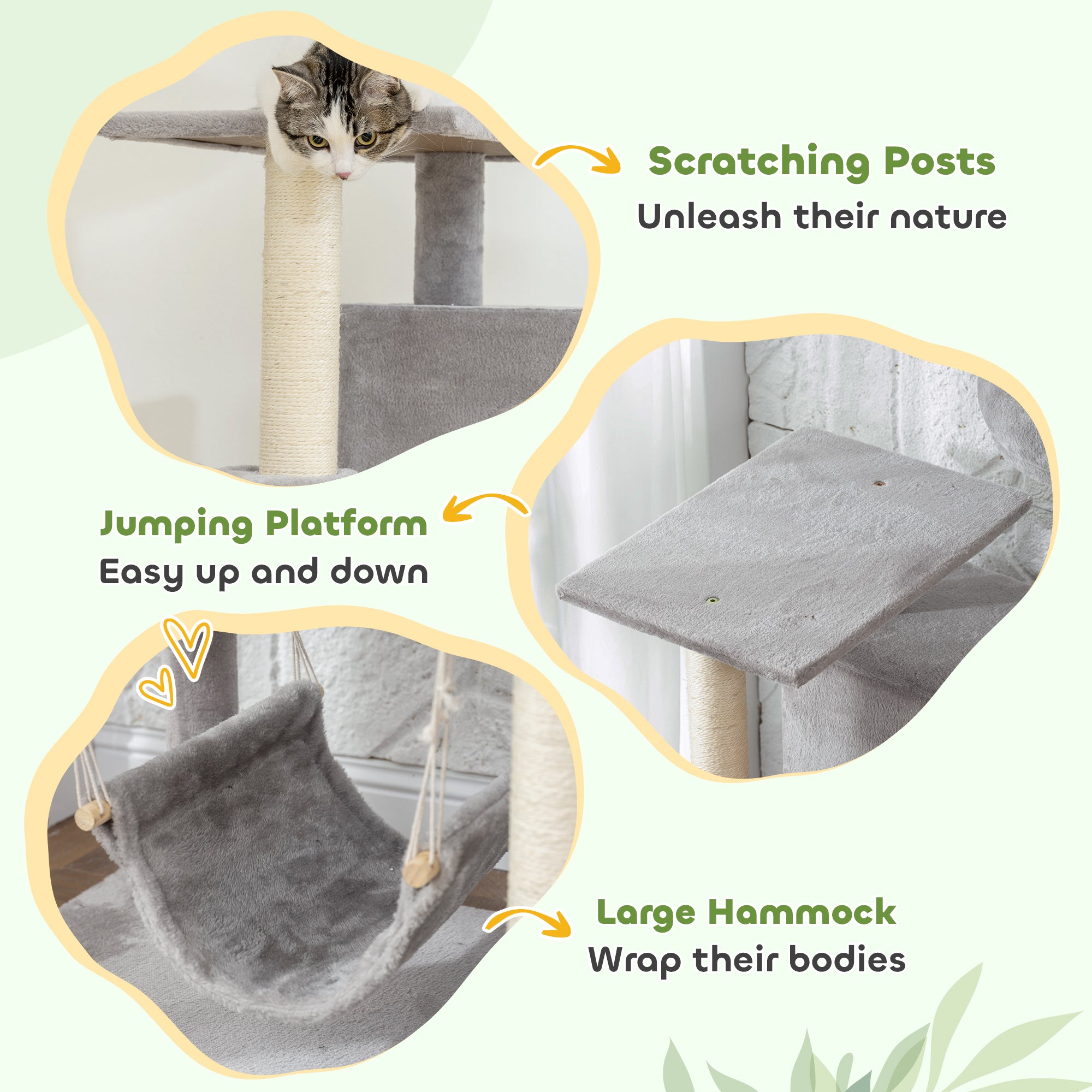 66 Inch Large Cat Tree with 2 Door Condos, 3 Big Hammocks, Plush Top Perch, Sisal Scratching Posts, Light Grey