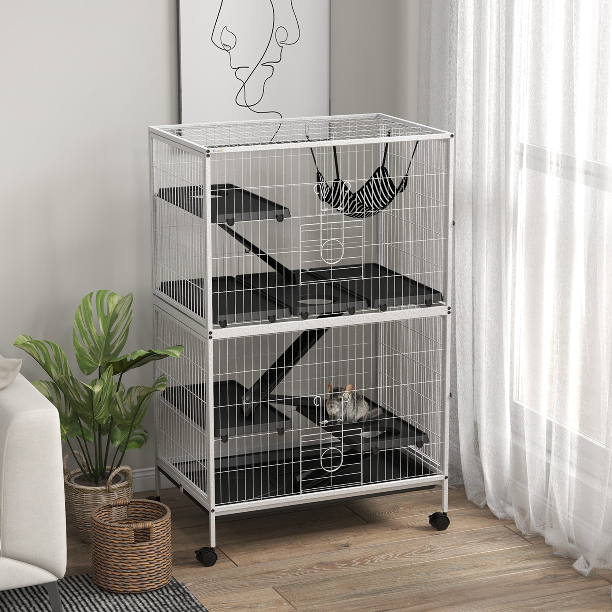 Cage roulante à 5 niveaux pour petits animaux, cage de luxe pour cochon d’Inde, cage pour furet, vison, chinchilla, chaton et lapin, gris clair