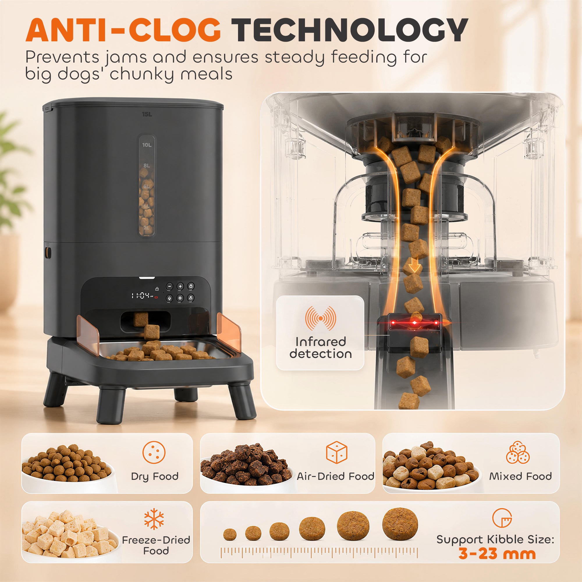 15L/63 Cups Anti-Clog Automatic Dog Feeder for Large Breed up to 23mm, Elevated Design,  Dual Power, Easy to Set Up