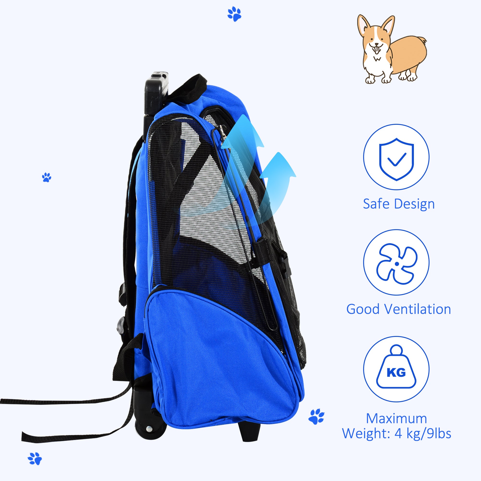 2-IN-1 Pet Luggage Box Backpack Carrier Cats Dogs w/ Handle, Rolling Wheel Blue