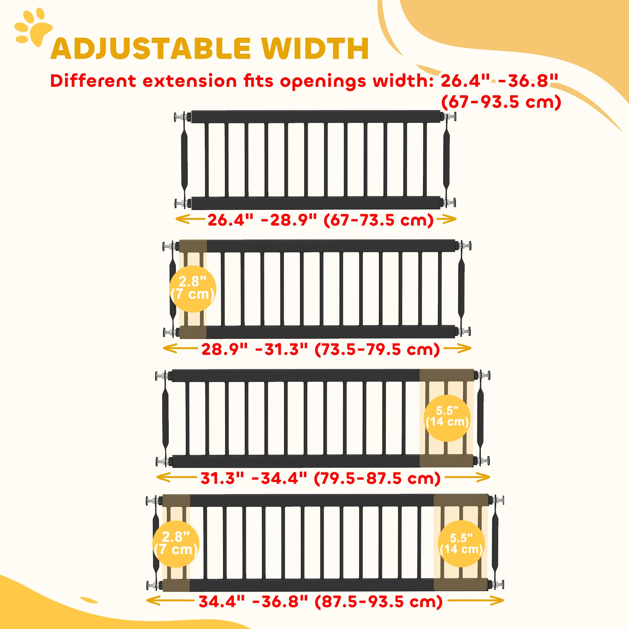 26"-37" Dog Gate, Adjustable Pet Gate, Fits 10" Tall with 2 Extension, Pressure Mount Kit for Stairs and Doorways, Black