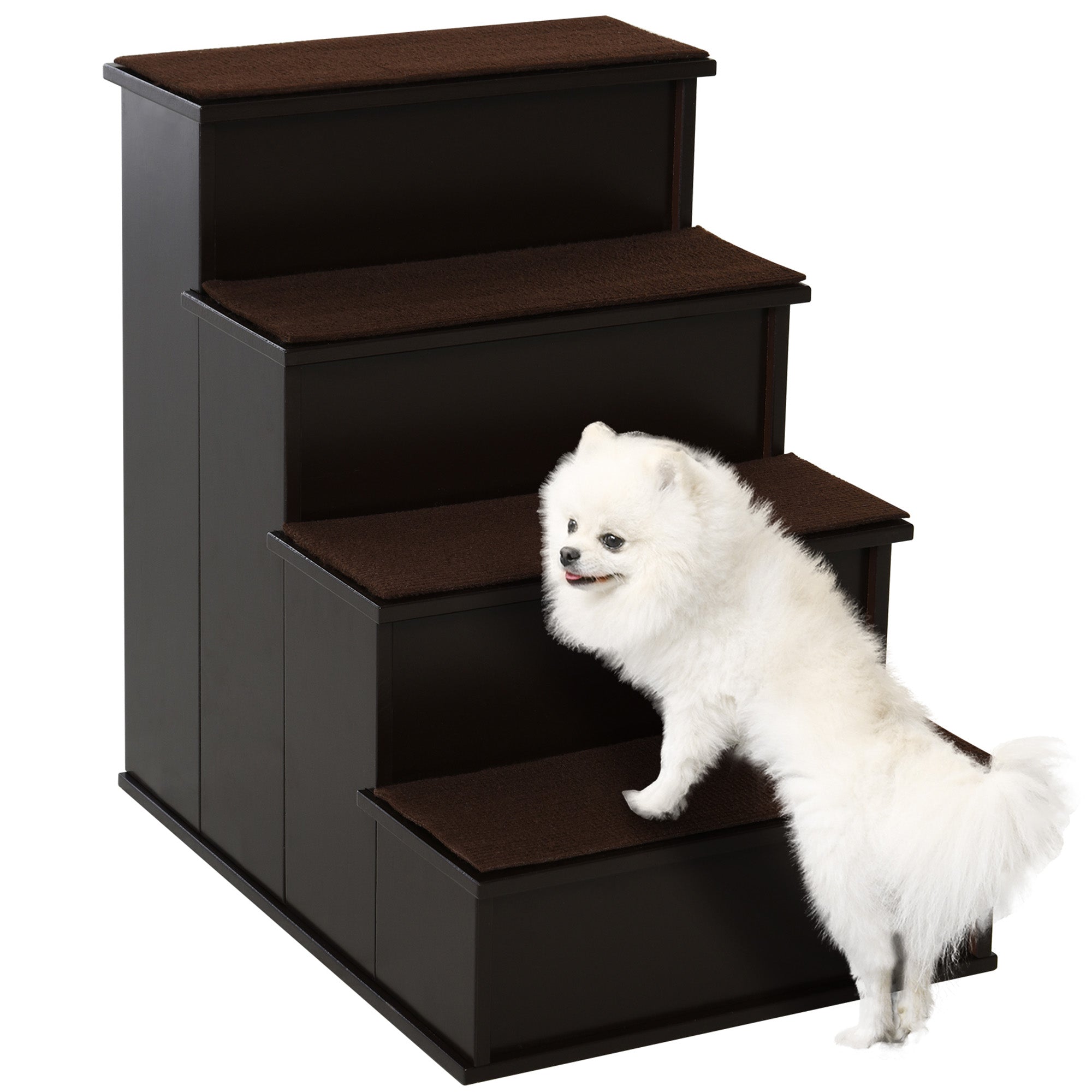 Escalier en bois à 4 marches pour chien, marches pour animaux pour lit haut, échelle pour chat pour lit ou canapé avec moquette antidérapante, café foncé