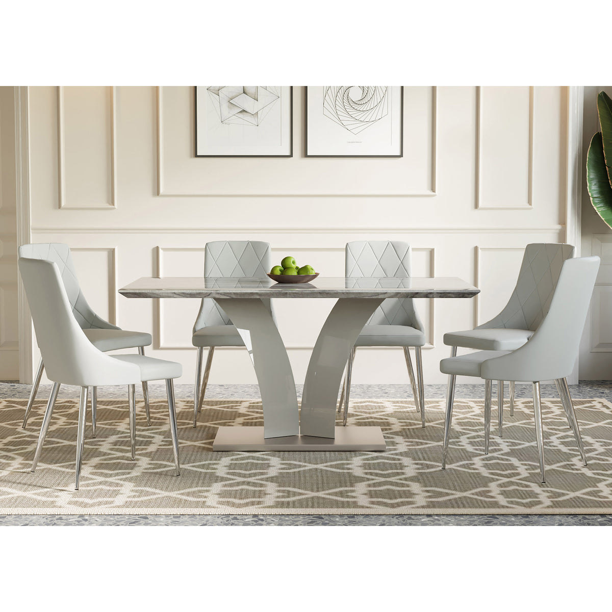 Napoli Devo 7-Piece Dining Set - Marble-Look & Faux Leather-Dining Room Sets-DECOROLALA