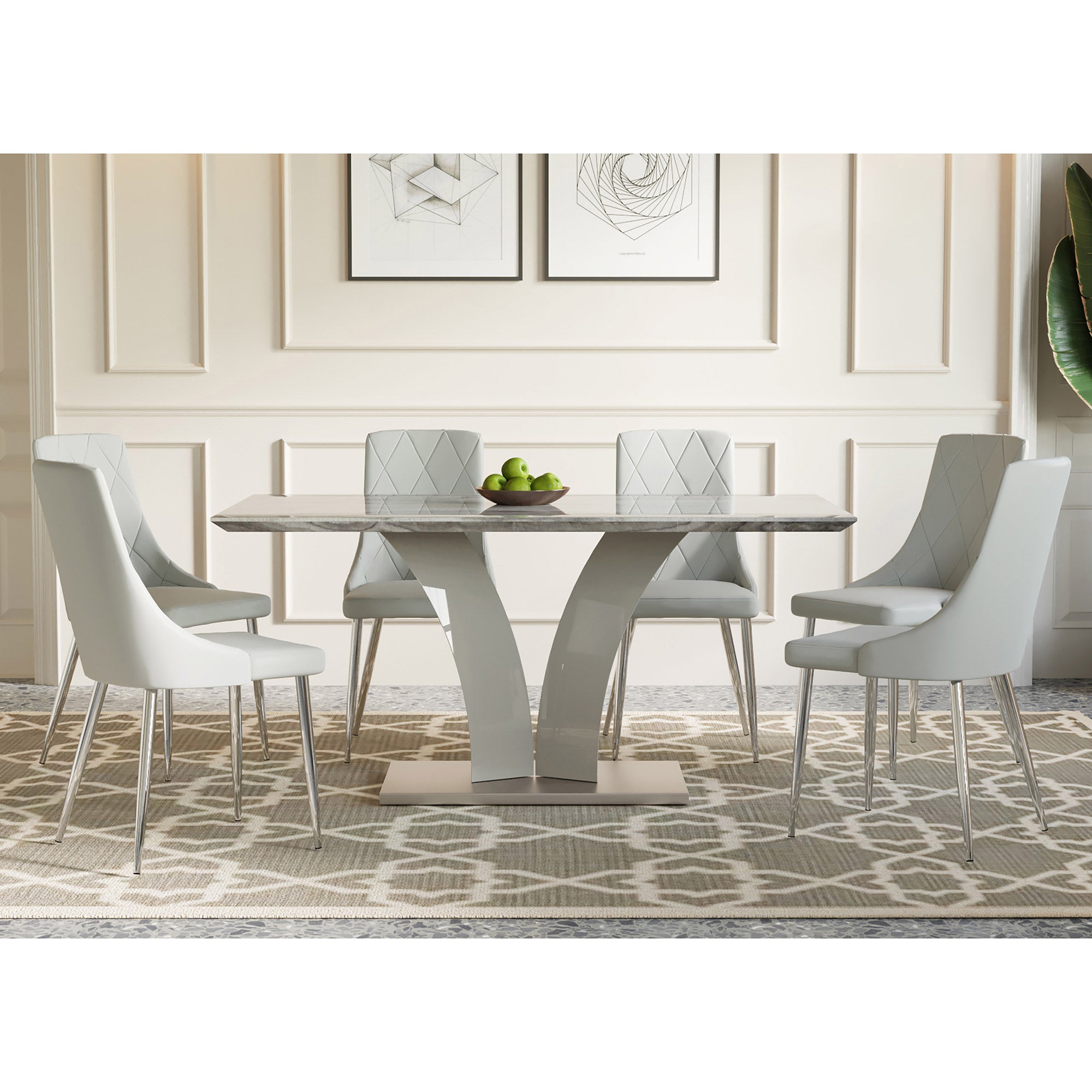 Napoli Devo 7-Piece Dining Set - Marble-Look & Faux Leather-DECOROLALA