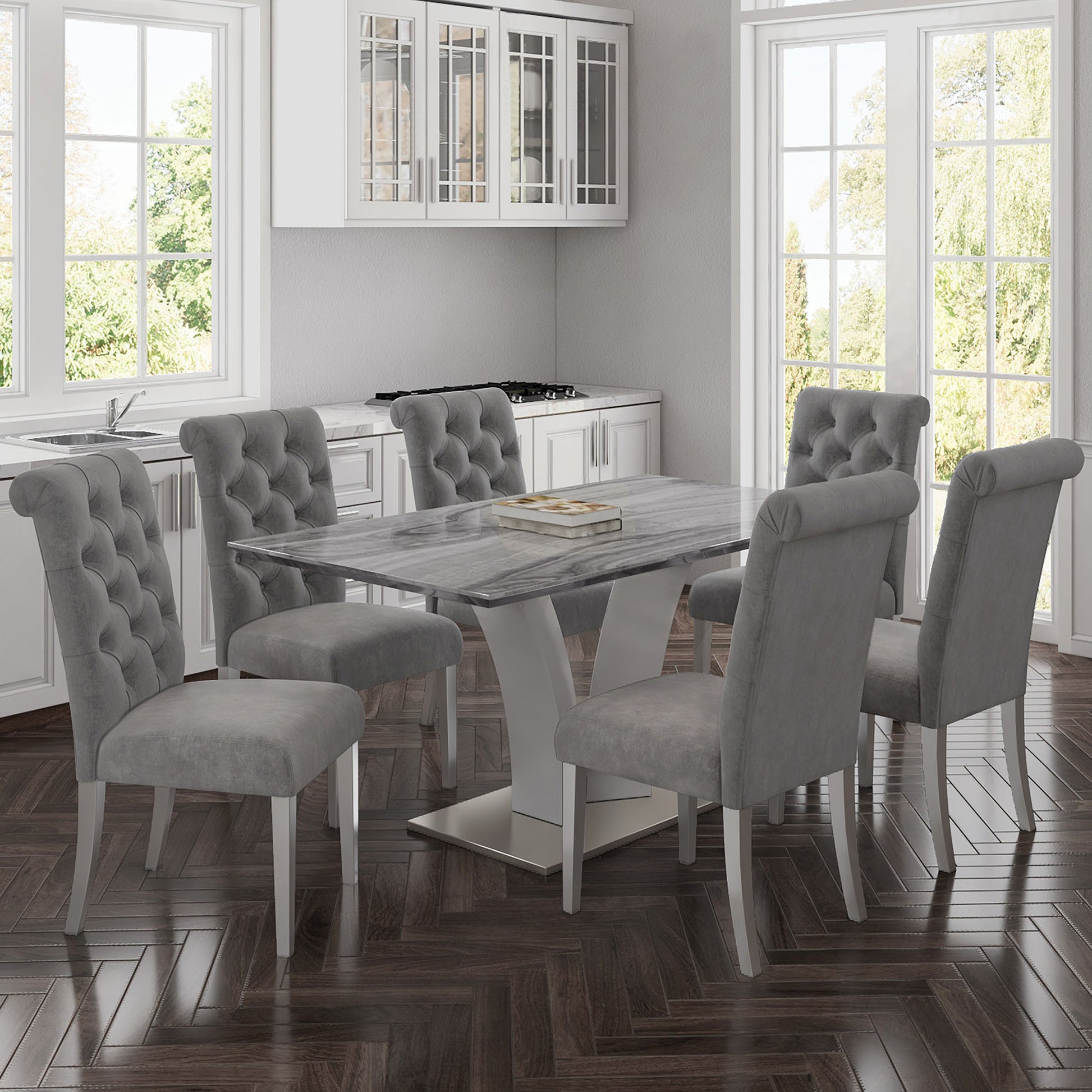 Napoli Dining Table - Grey Marble-Look Modern Geometric Base-DECOROLALA