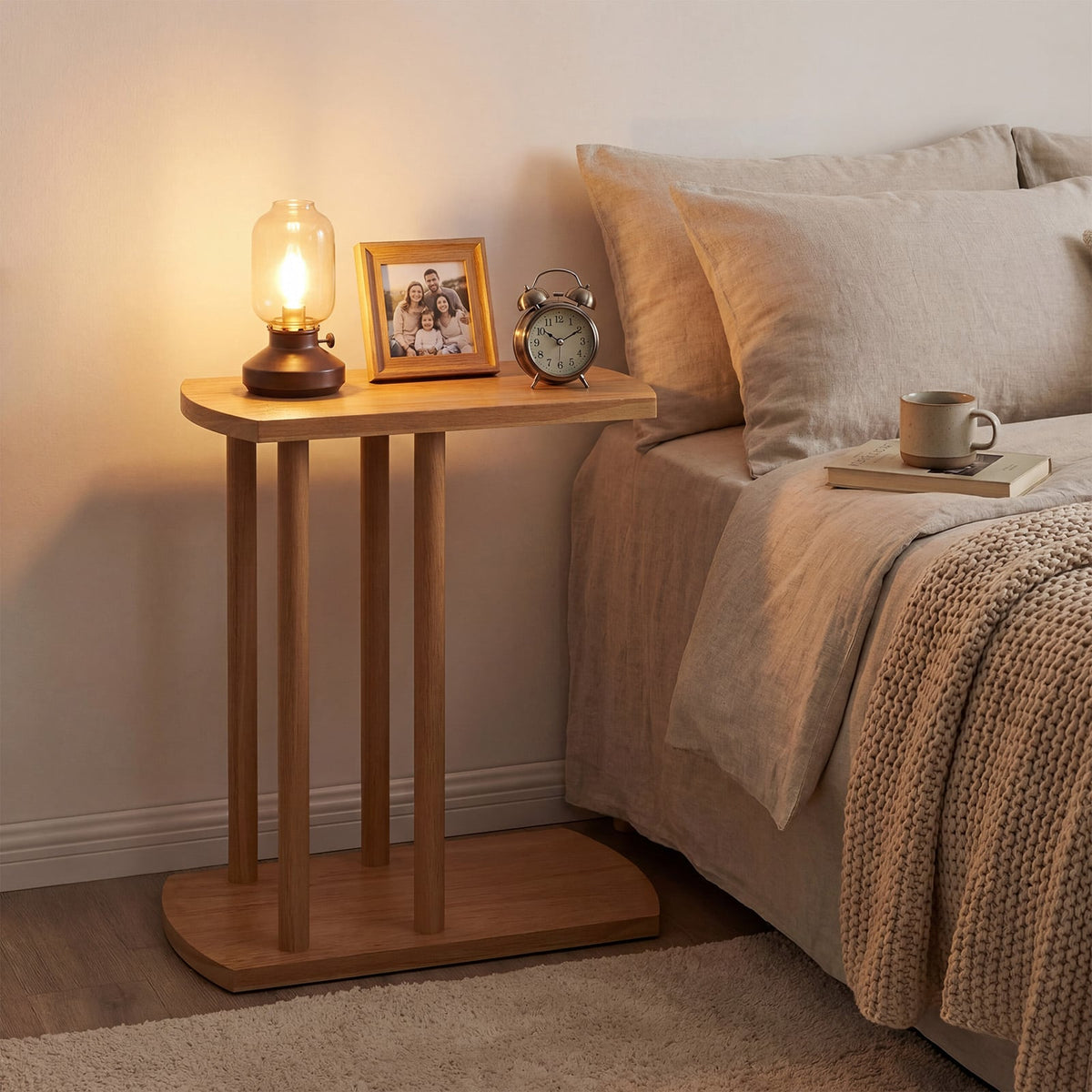 Narrow 2-Tier C-shaped Teak Wood Side Table with Thickened Top and Sturdy Base-End & Side Tables-DECOROLALA
