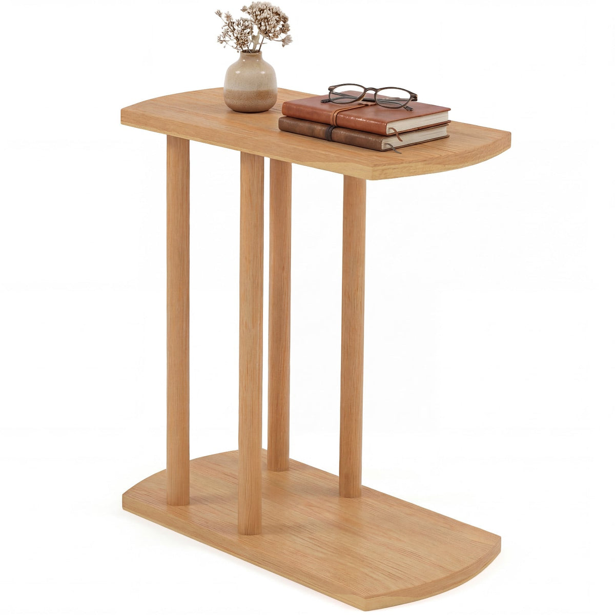 Narrow 2-Tier C-shaped Teak Wood Side Table with Thickened Top and Sturdy Base-End & Side Tables-DECOROLALA