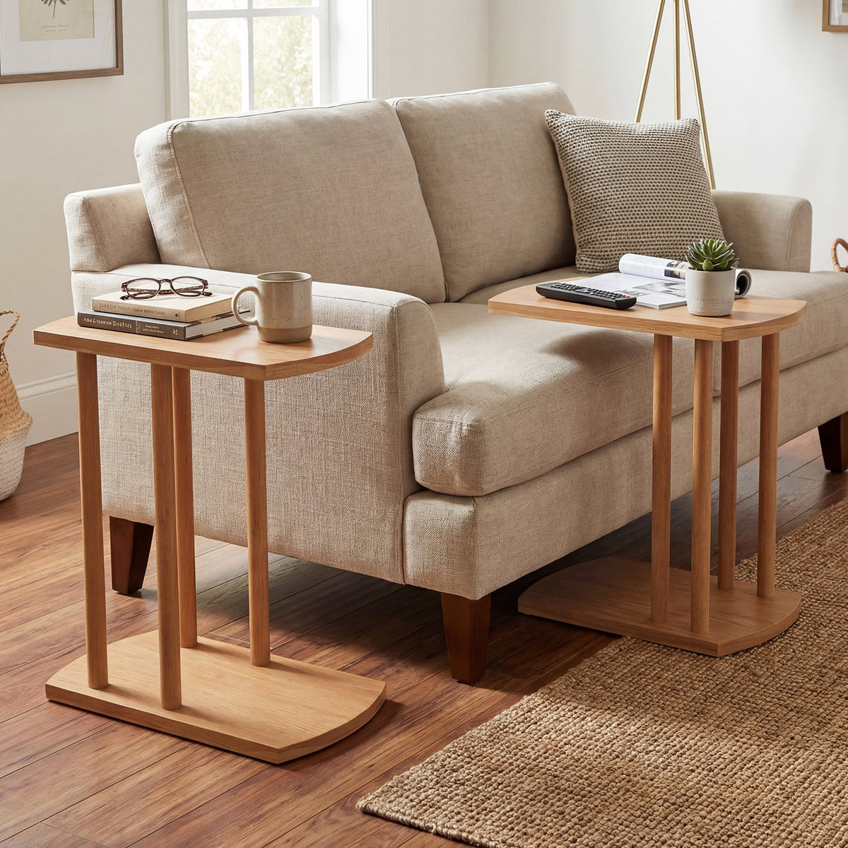 Narrow 2-Tier C-shaped Teak Wood Side Table with Thickened Top and Sturdy Base-End & Side Tables-DECOROLALA