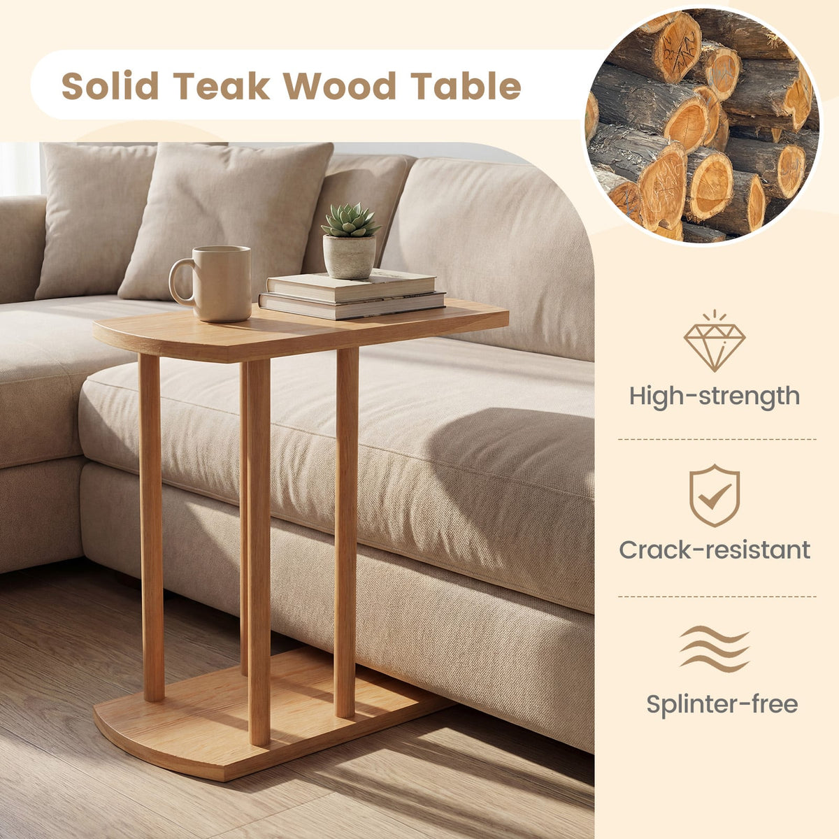 Narrow 2-Tier C-shaped Teak Wood Side Table with Thickened Top and Sturdy Base-End & Side Tables-DECOROLALA