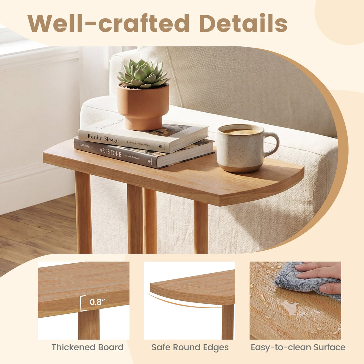 Narrow 2-Tier C-shaped Teak Wood Side Table with Thickened Top and Sturdy Base-End & Side Tables-DECOROLALA