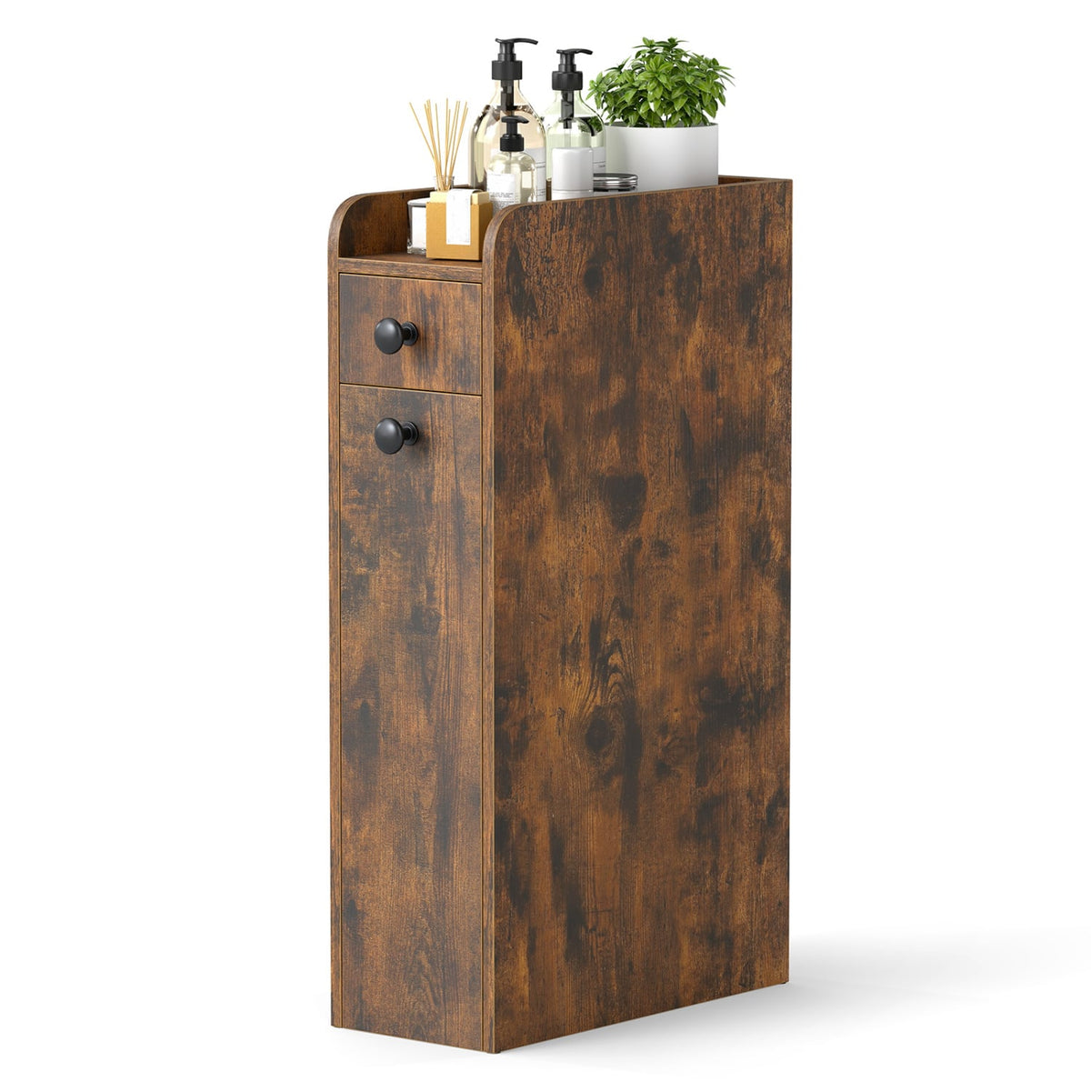 Narrow 4-Tier Bathroom Storage Cabinet with Casters - Brown-Floor Cabinets-DECOROLALA