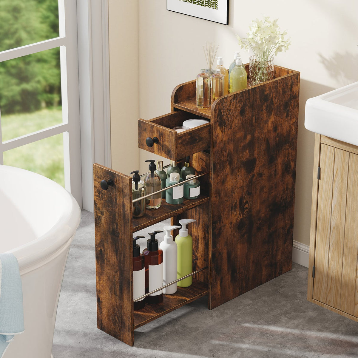 Narrow 4-Tier Bathroom Storage Cabinet with Casters - Brown-Floor Cabinets-DECOROLALA