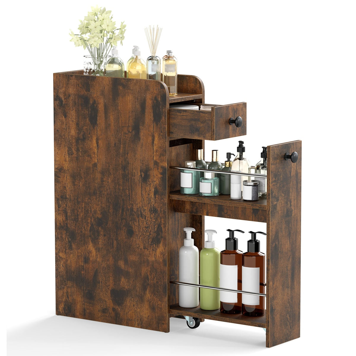 Narrow 4-Tier Bathroom Storage Cabinet with Casters - Brown-Floor Cabinets-DECOROLALA