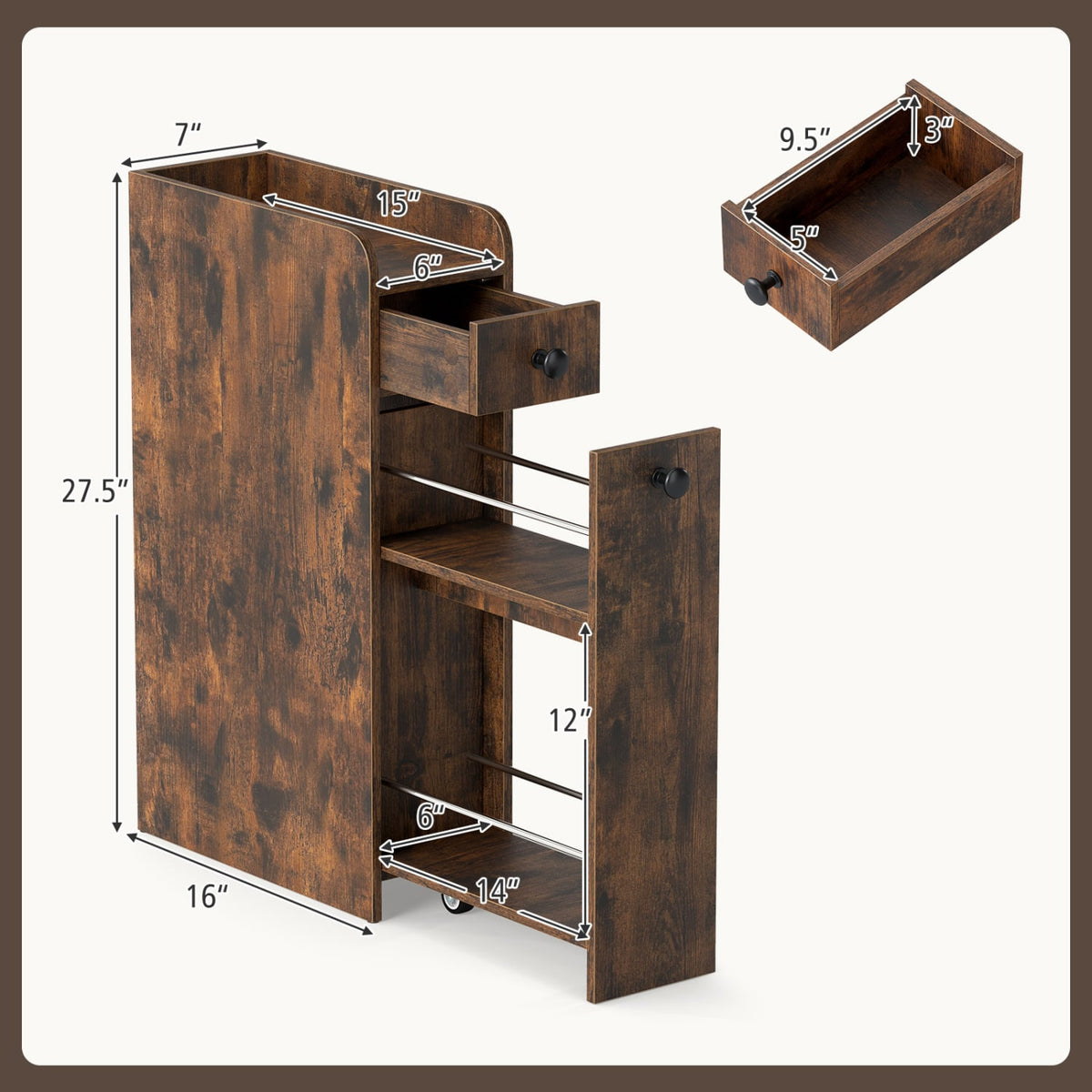 Narrow 4-Tier Bathroom Storage Cabinet with Casters - Brown-Floor Cabinets-DECOROLALA