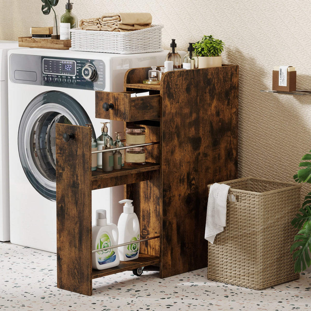 Narrow 4-Tier Bathroom Storage Cabinet with Casters - Brown-Floor Cabinets-DECOROLALA